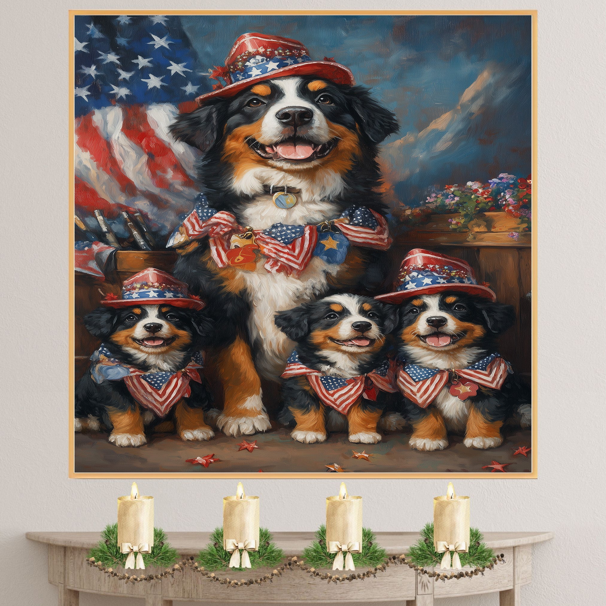 Bernese Mountain Dog Mother and Three Puppies in Patriotic Hats and Bows with American Flag and Floral Accents on Ready to Hang 1.5" Thick Canvas Wrap, Floating Framed Canvas, Flat Rolled Canvas
