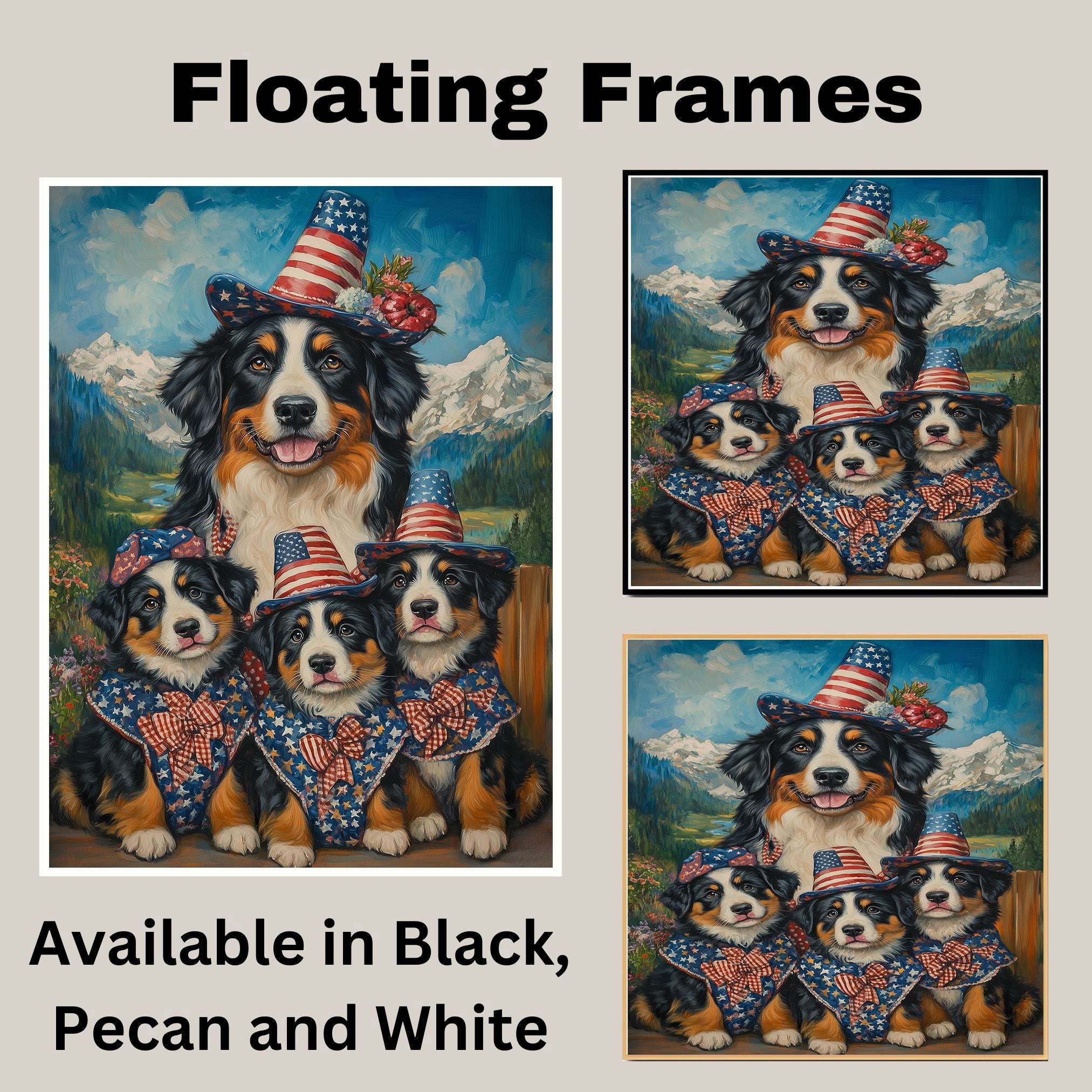 Patriotic Bernese Mountain Dog Mother and Two Puppies Dressed in Stars and Stripes Hats and Bows with American Flag on Ready to Hang 1.5" Thick Canvas Wrap, Floating Framed Canvas, Flat Rolled Canvas