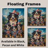 Patriotic Bernese Mountain Dog Mother and Two Puppies Dressed in Stars and Stripes Hats and Bows with American Flag on Ready to Hang 1.5" Thick Canvas Wrap, Floating Framed Canvas, Flat Rolled Canvas
