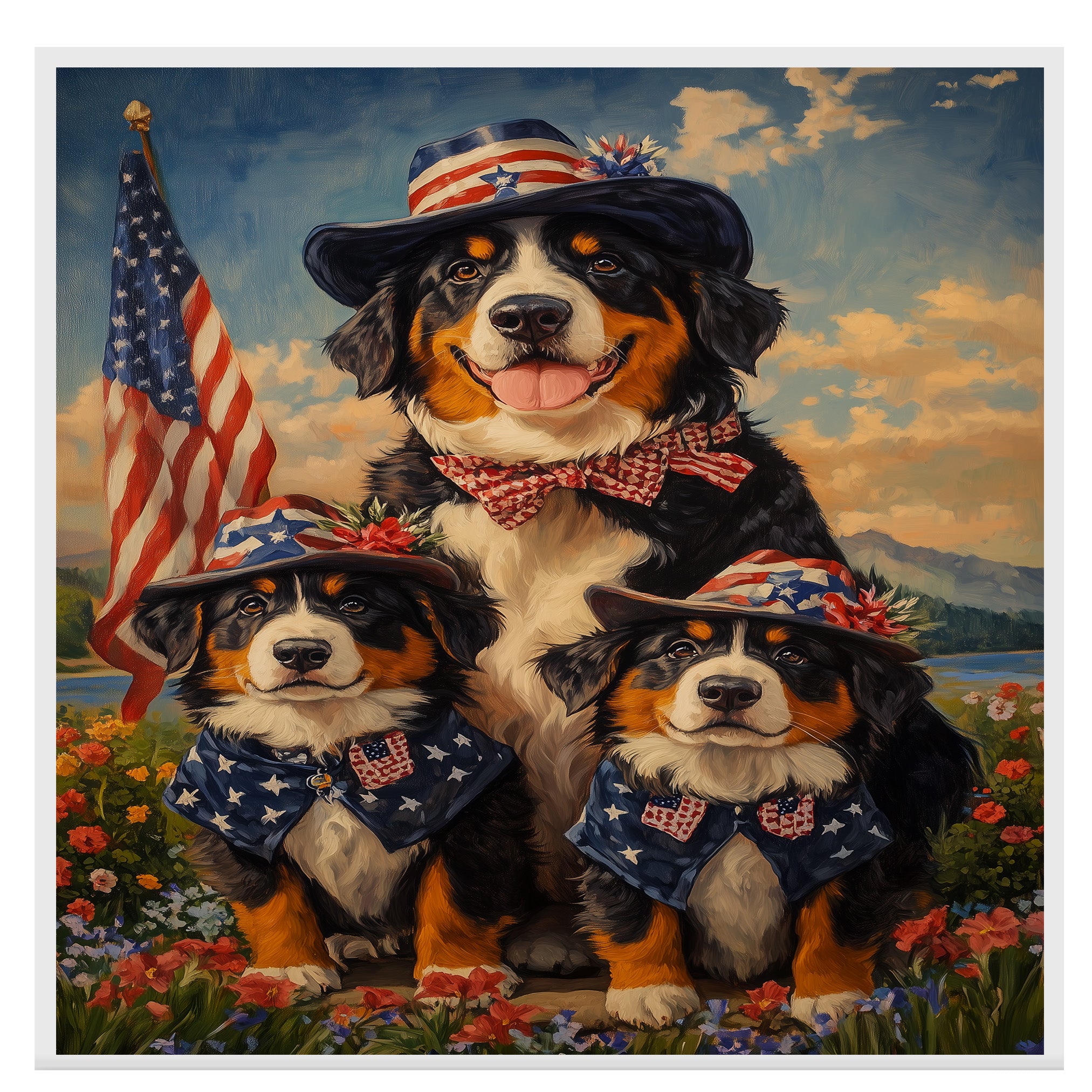Bernese Mountain Dog Mother and Three Puppies Wearing Patriotic Hats and Bows in a Floral Field with American Theme on Ready to Hang 1.5" Thick Canvas Wrap, Floating Framed Canvas, Flat Rolled Canvas