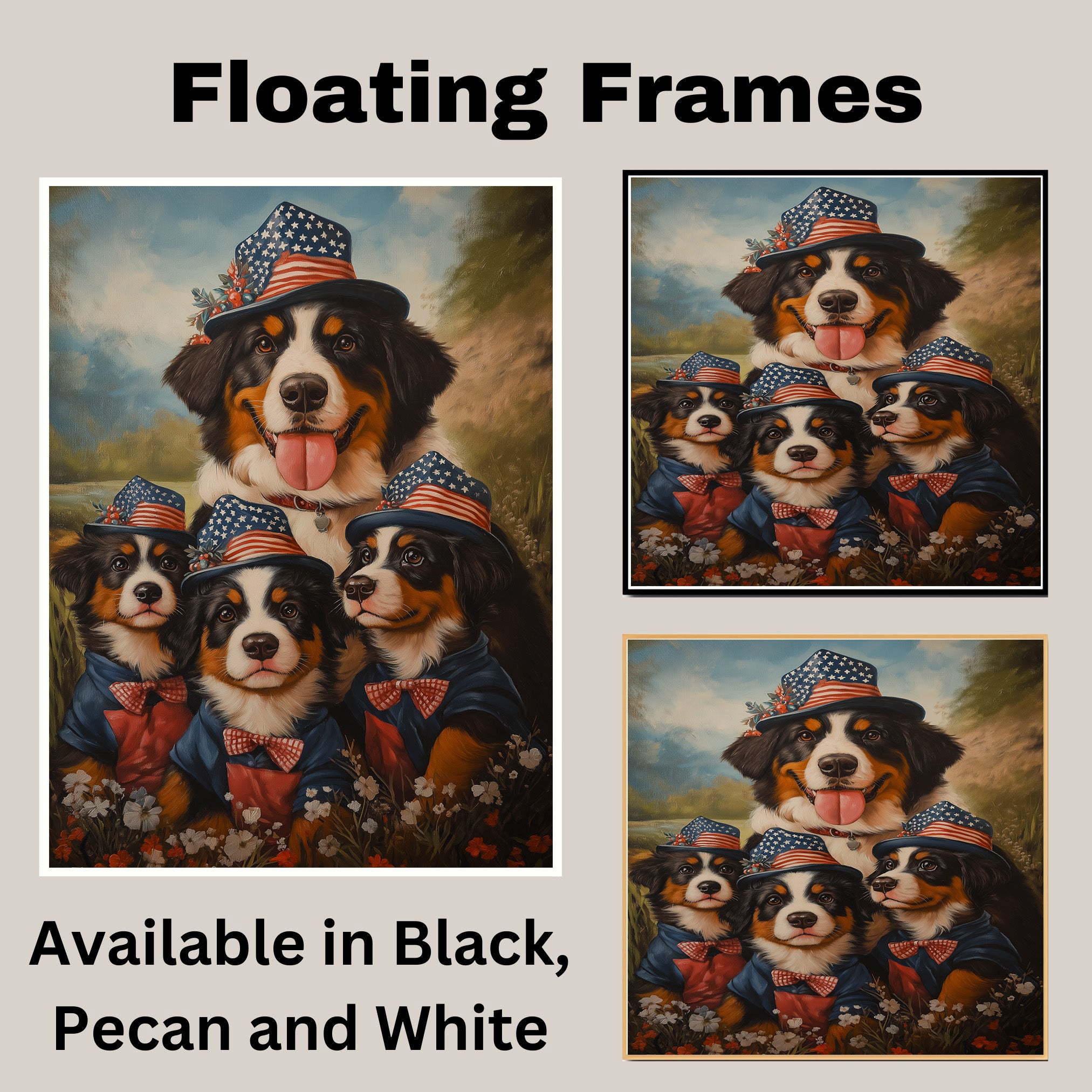 Patriotic Bernese Mountain Dog Mother and Three Puppies in Stars and Stripes Hats with a Scenic Mountain Background on Ready to Hang 1.5" Thick Canvas Wrap, Floating Framed Canvas, Flat Rolled Canvas