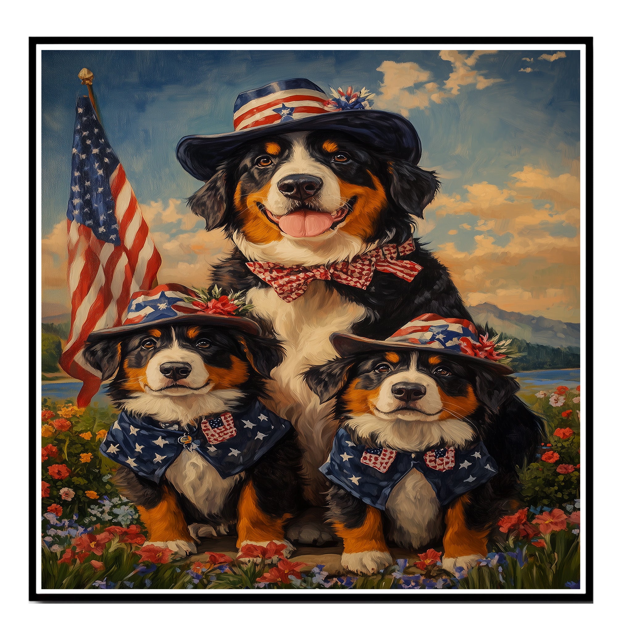 Bernese Mountain Dog Mother and Three Puppies Wearing Patriotic Hats and Bows in a Floral Field with American Theme on Ready to Hang 1.5" Thick Canvas Wrap, Floating Framed Canvas, Flat Rolled Canvas