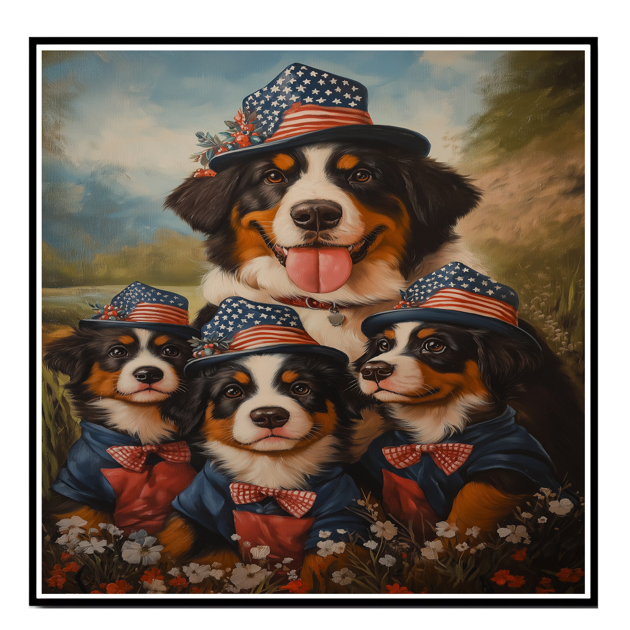 Patriotic Bernese Mountain Dog Mother and Three Puppies in Stars and Stripes Hats with a Scenic Mountain Background on Ready to Hang 1.5" Thick Canvas Wrap, Floating Framed Canvas, Flat Rolled Canvas