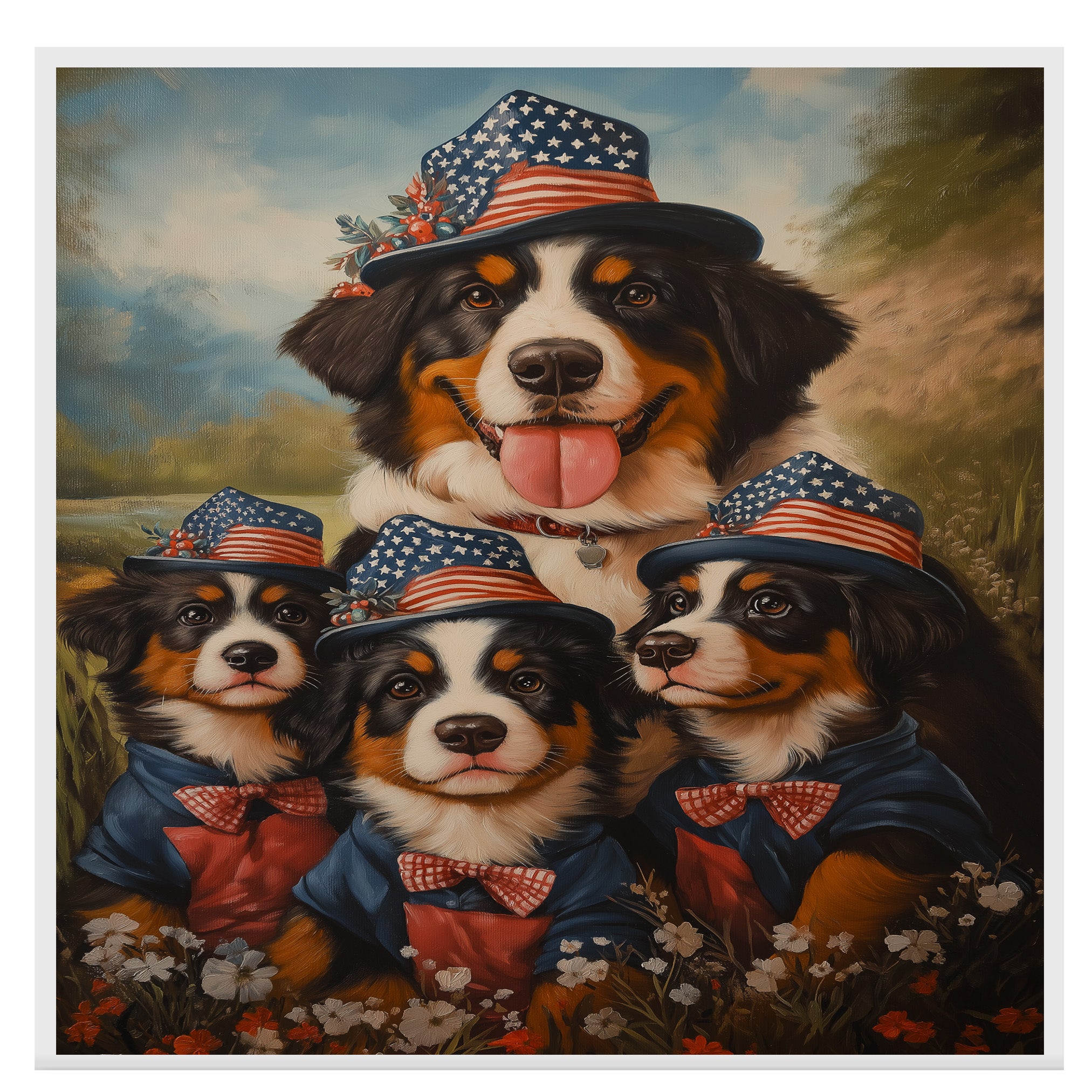 Patriotic Bernese Mountain Dog Mother and Three Puppies in Stars and Stripes Hats with a Scenic Mountain Background on Ready to Hang 1.5" Thick Canvas Wrap, Floating Framed Canvas, Flat Rolled Canvas