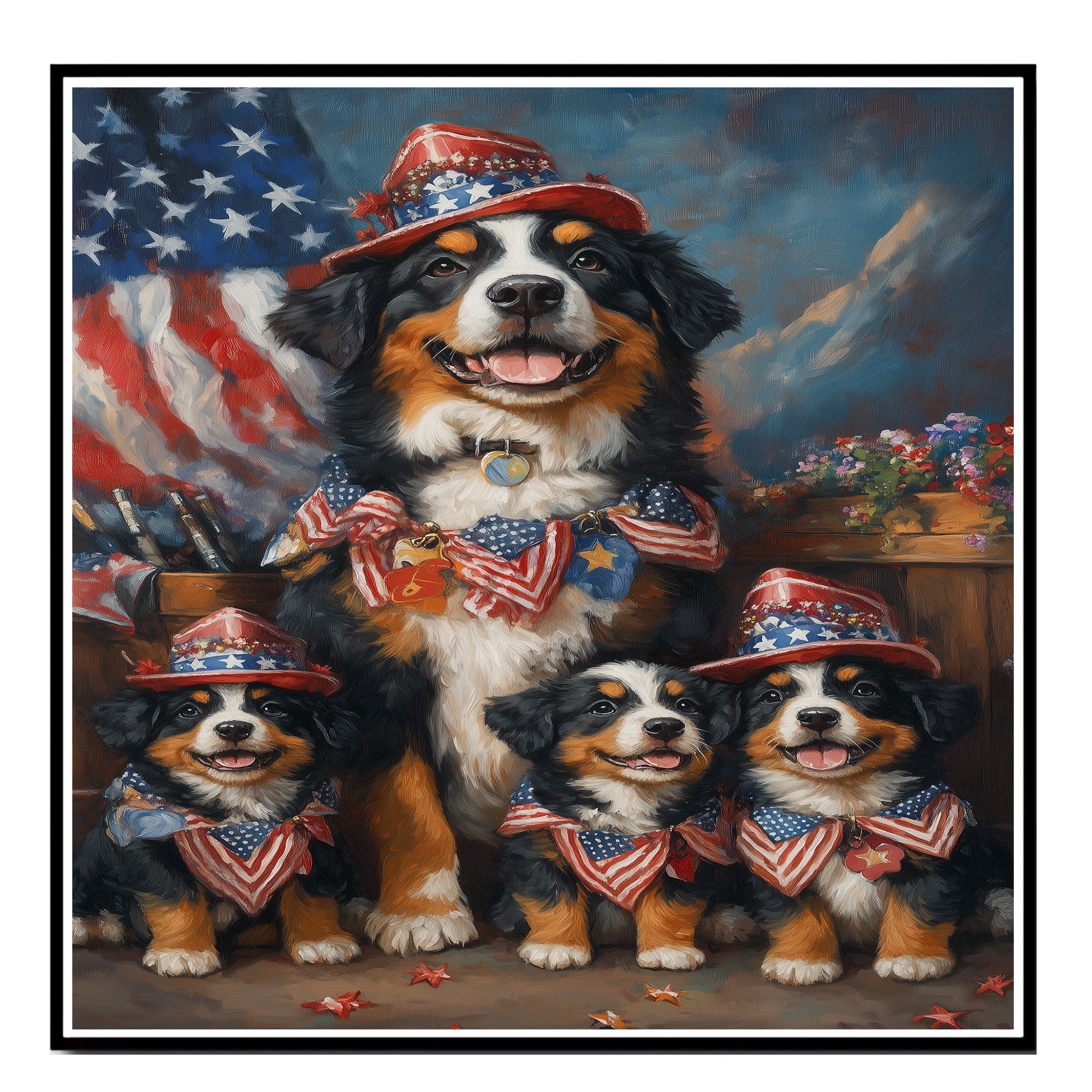 Bernese Mountain Dog Mother and Three Puppies in Patriotic Hats and Bows with American Flag and Floral Accents on Ready to Hang 1.5" Thick Canvas Wrap, Floating Framed Canvas, Flat Rolled Canvas
