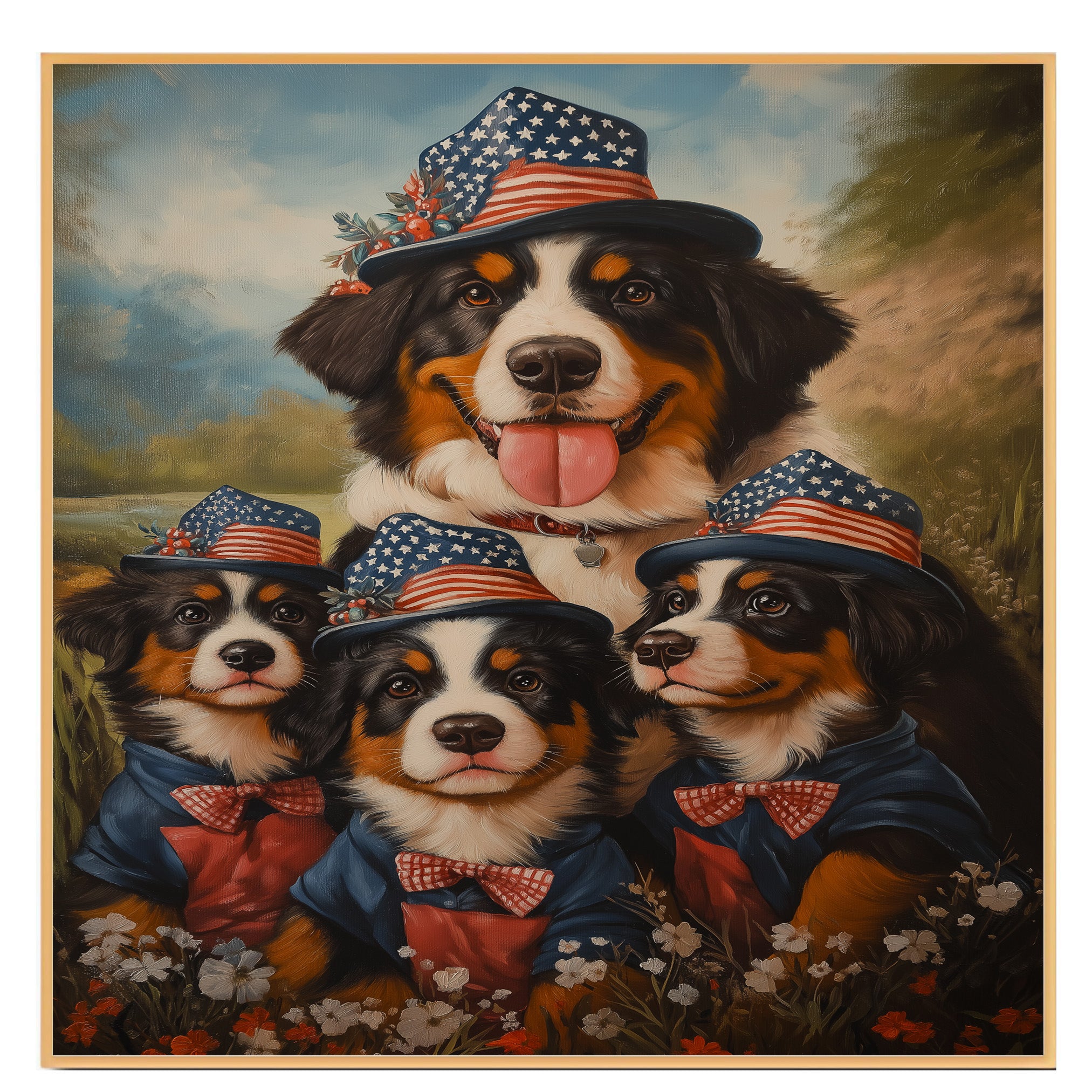 Patriotic Bernese Mountain Dog Mother and Three Puppies in Stars and Stripes Hats with a Scenic Mountain Background on Ready to Hang 1.5" Thick Canvas Wrap, Floating Framed Canvas, Flat Rolled Canvas