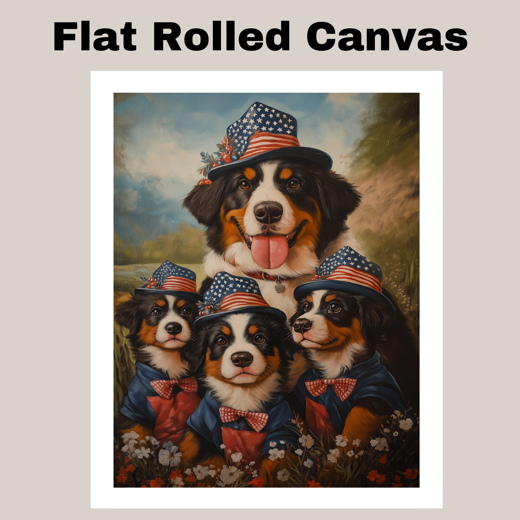 Patriotic Bernese Mountain Dog Mother and Three Puppies in Stars and Stripes Hats with a Scenic Mountain Background on Ready to Hang 1.5" Thick Canvas Wrap, Floating Framed Canvas, Flat Rolled Canvas