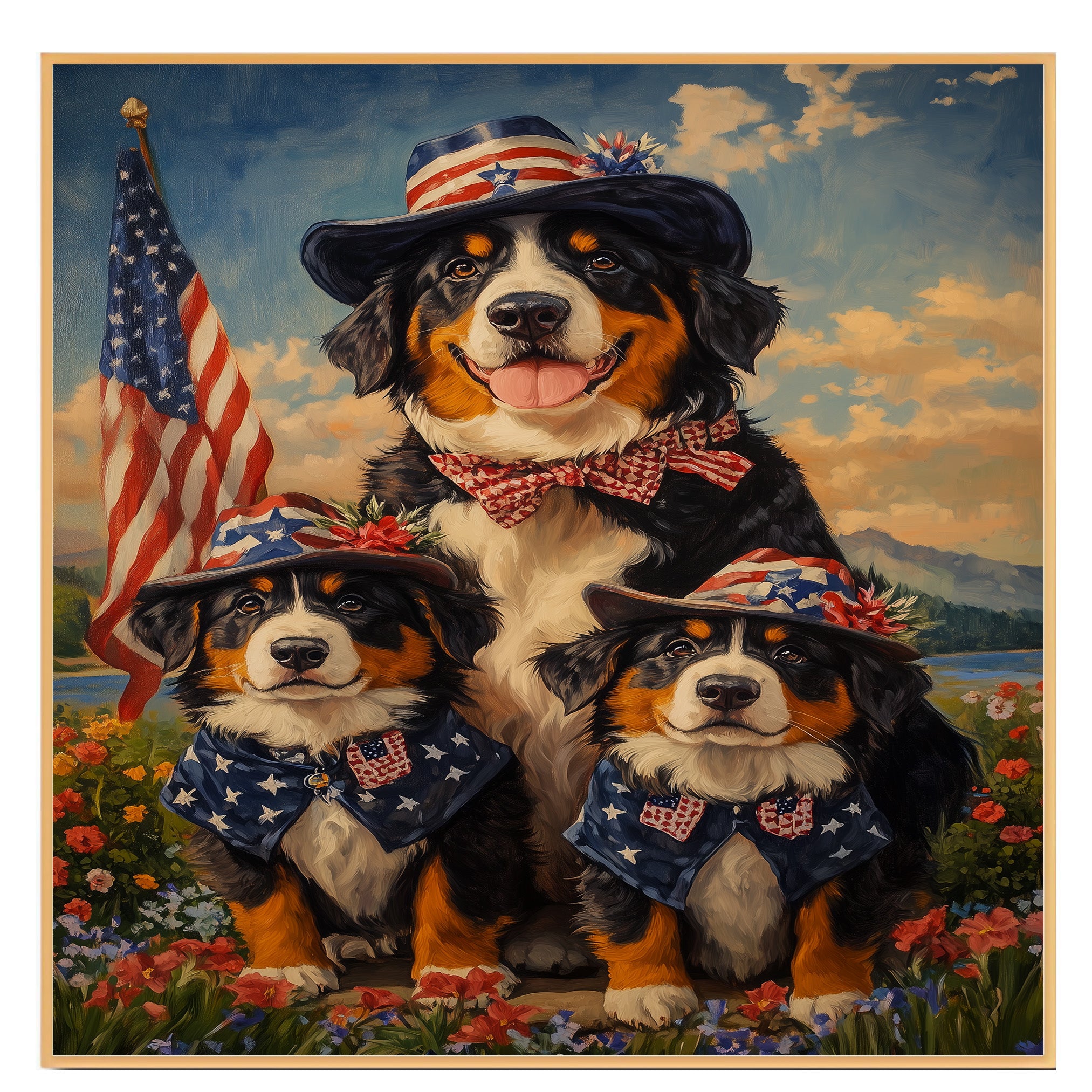 Bernese Mountain Dog Mother and Three Puppies Wearing Patriotic Hats and Bows in a Floral Field with American Theme on Ready to Hang 1.5" Thick Canvas Wrap, Floating Framed Canvas, Flat Rolled Canvas
