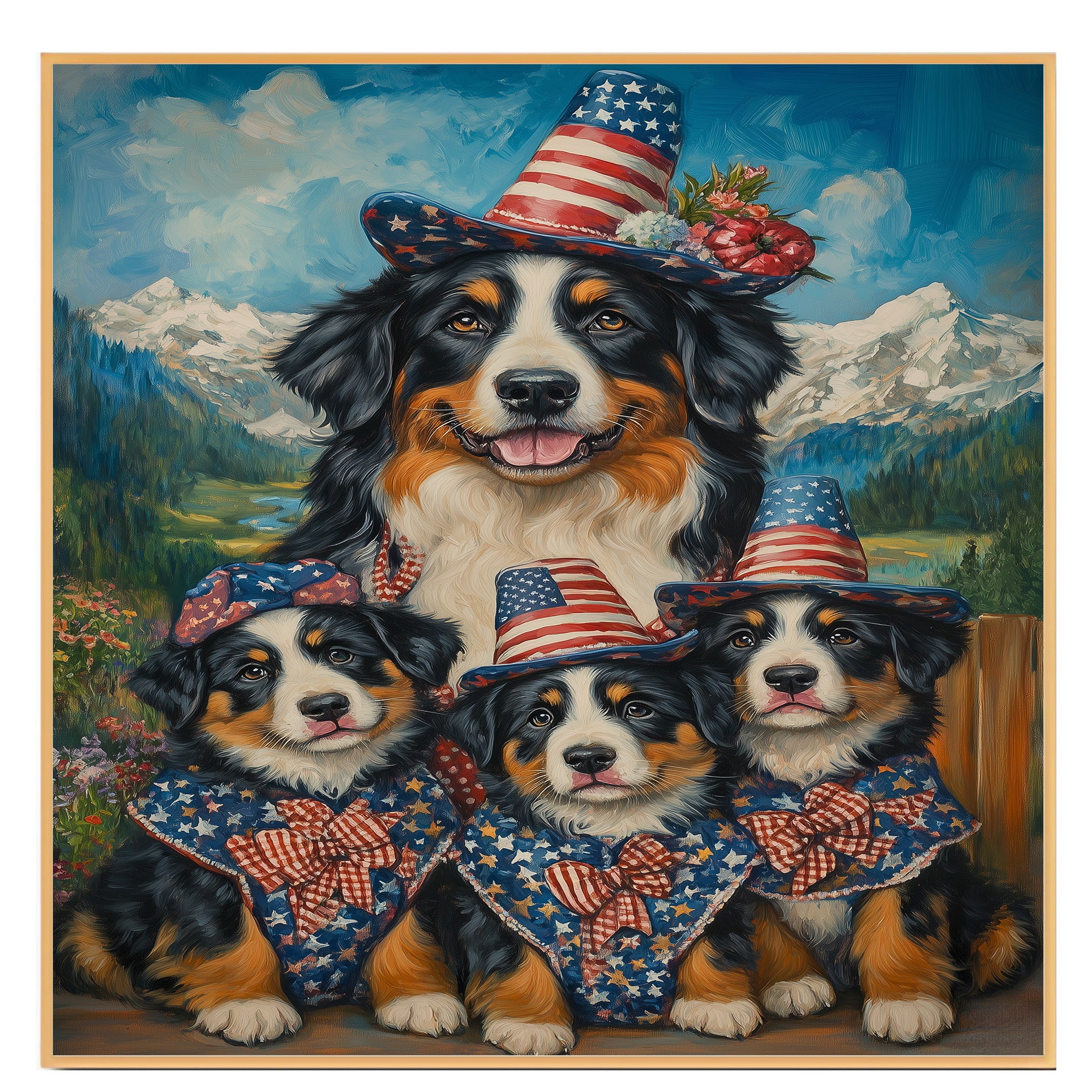 Patriotic Bernese Mountain Dog Mother and Two Puppies Dressed in Stars and Stripes Hats and Bows with American Flag on Ready to Hang 1.5" Thick Canvas Wrap, Floating Framed Canvas, Flat Rolled Canvas