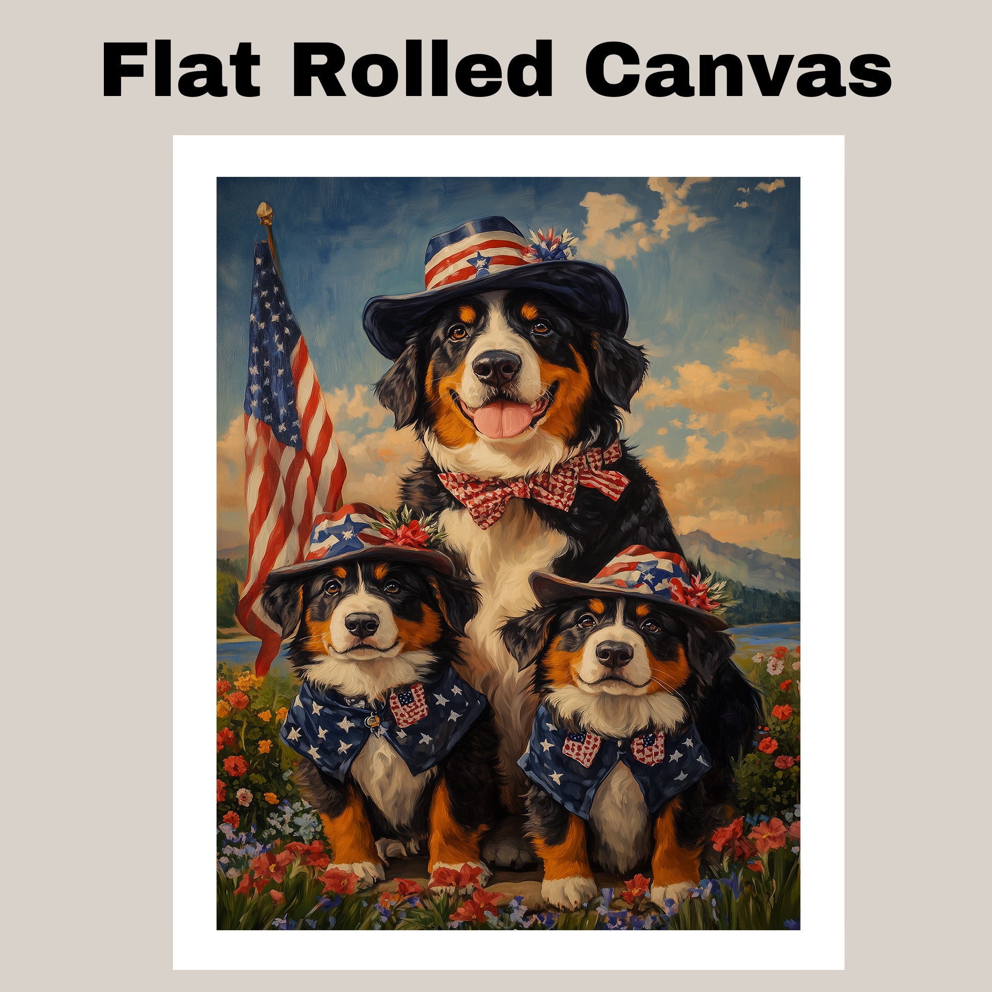 Bernese Mountain Dog Mother and Three Puppies Wearing Patriotic Hats and Bows in a Floral Field with American Theme on Ready to Hang 1.5" Thick Canvas Wrap, Floating Framed Canvas, Flat Rolled Canvas