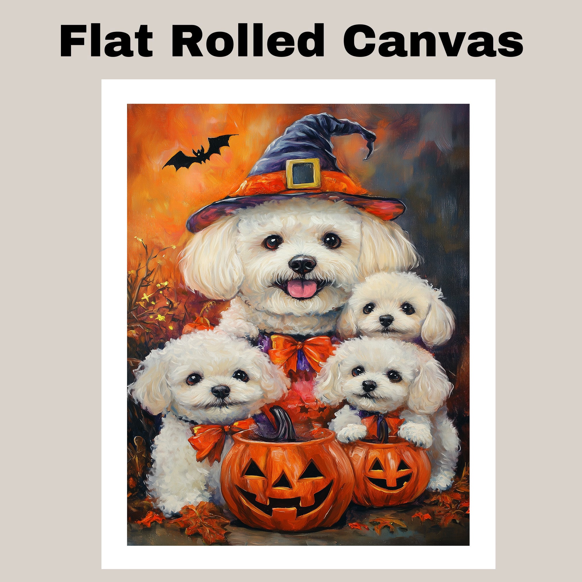 Bichon Frise Dog Halloween Witch Canvas Wall Art with Pumpkins Fall Farmhouse Decor for Pet Lovers on Ready to Hang 1.5" Thick Canvas Wrap, Floating Framed Canvas, Flat Rolled Canvas