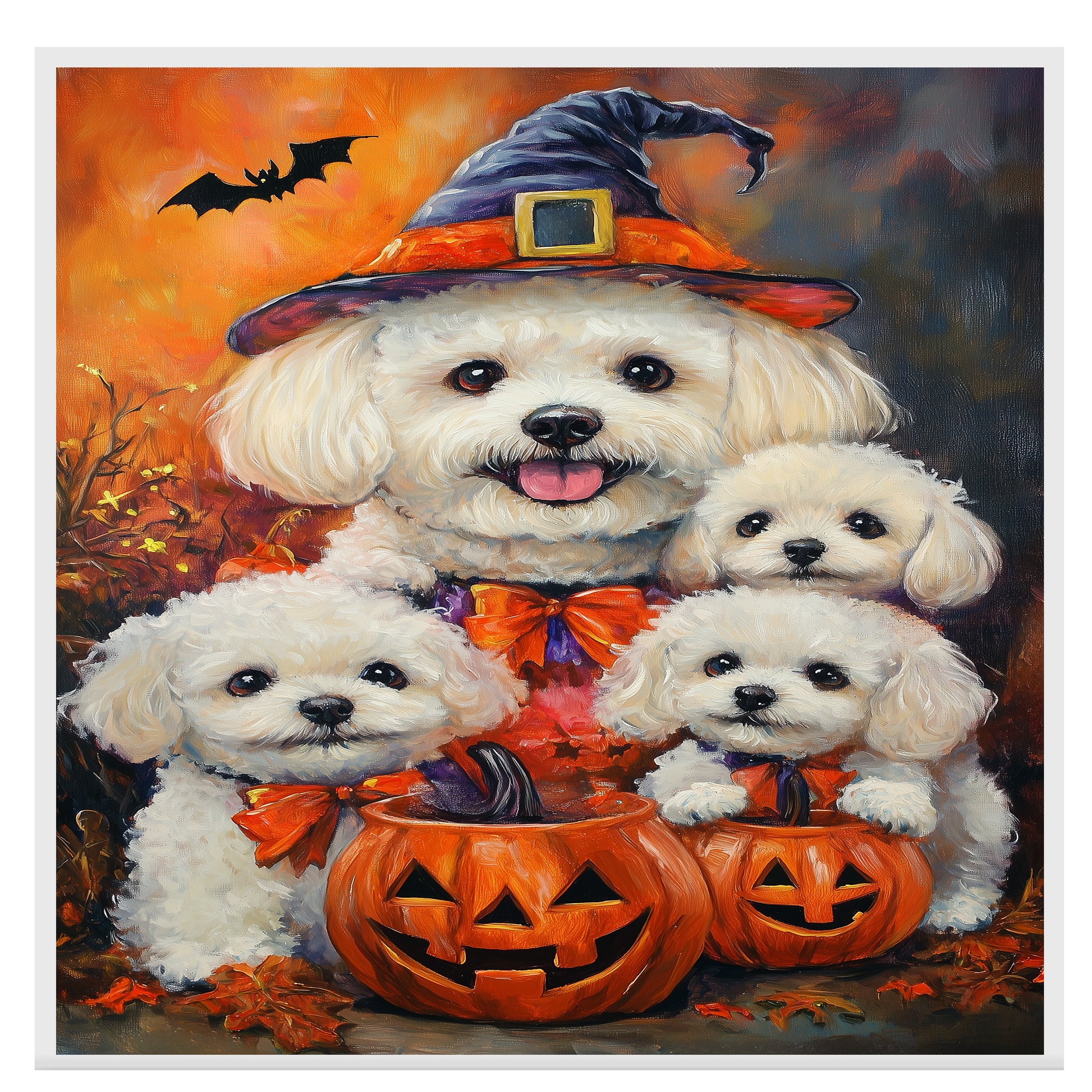 Bichon Frise Dog Halloween Witch Canvas Wall Art with Pumpkins Fall Farmhouse Decor for Pet Lovers on Ready to Hang 1.5" Thick Canvas Wrap, Floating Framed Canvas, Flat Rolled Canvas