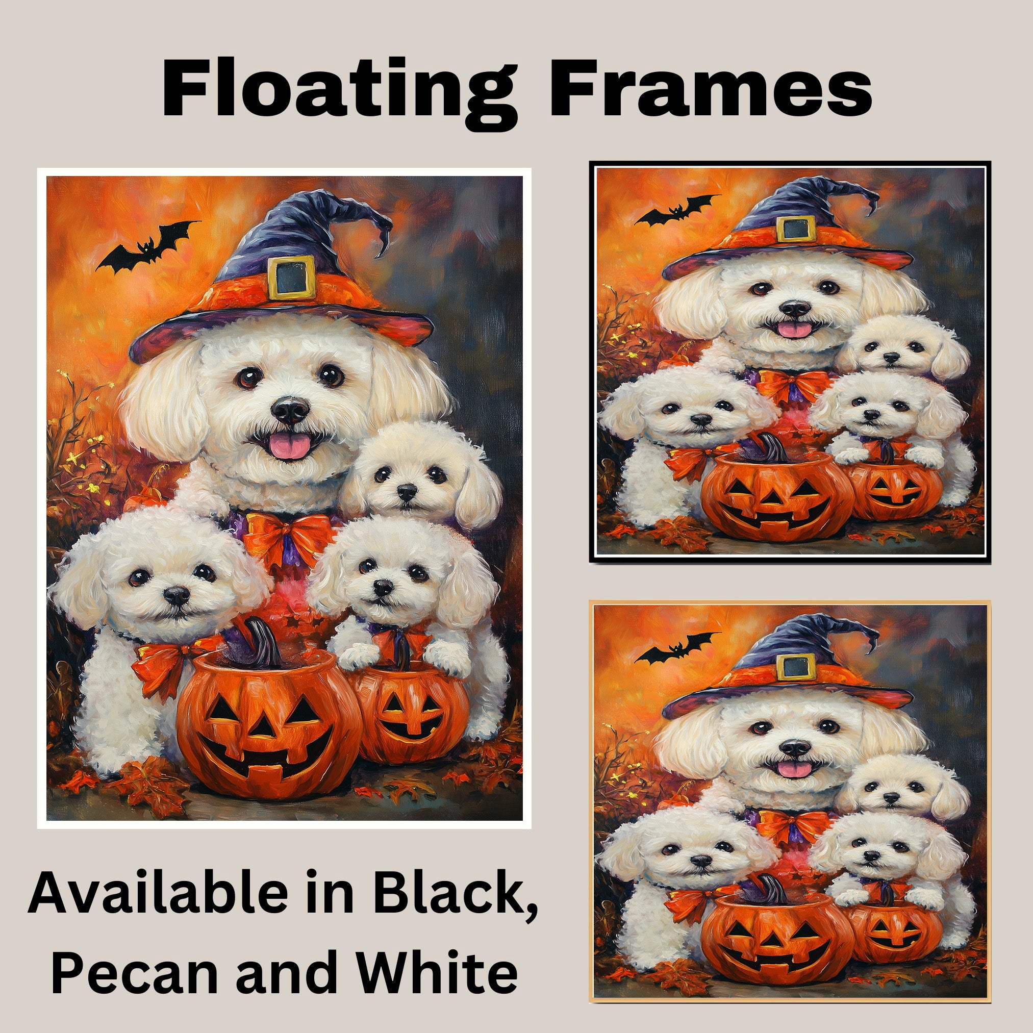 Bichon Frise Dog Halloween Witch Canvas Wall Art with Pumpkins Fall Farmhouse Decor for Pet Lovers on Ready to Hang 1.5" Thick Canvas Wrap, Floating Framed Canvas, Flat Rolled Canvas