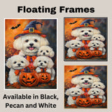 Bichon Frise Dog Halloween Witch Canvas Wall Art with Pumpkins Fall Farmhouse Decor for Pet Lovers on Ready to Hang 1.5" Thick Canvas Wrap, Floating Framed Canvas, Flat Rolled Canvas