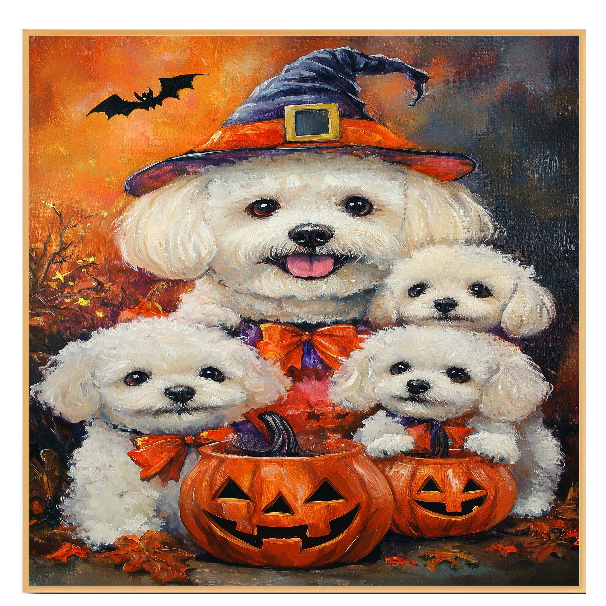 Bichon Frise Dog Halloween Witch Canvas Wall Art with Pumpkins Fall Farmhouse Decor for Pet Lovers on Ready to Hang 1.5" Thick Canvas Wrap, Floating Framed Canvas, Flat Rolled Canvas