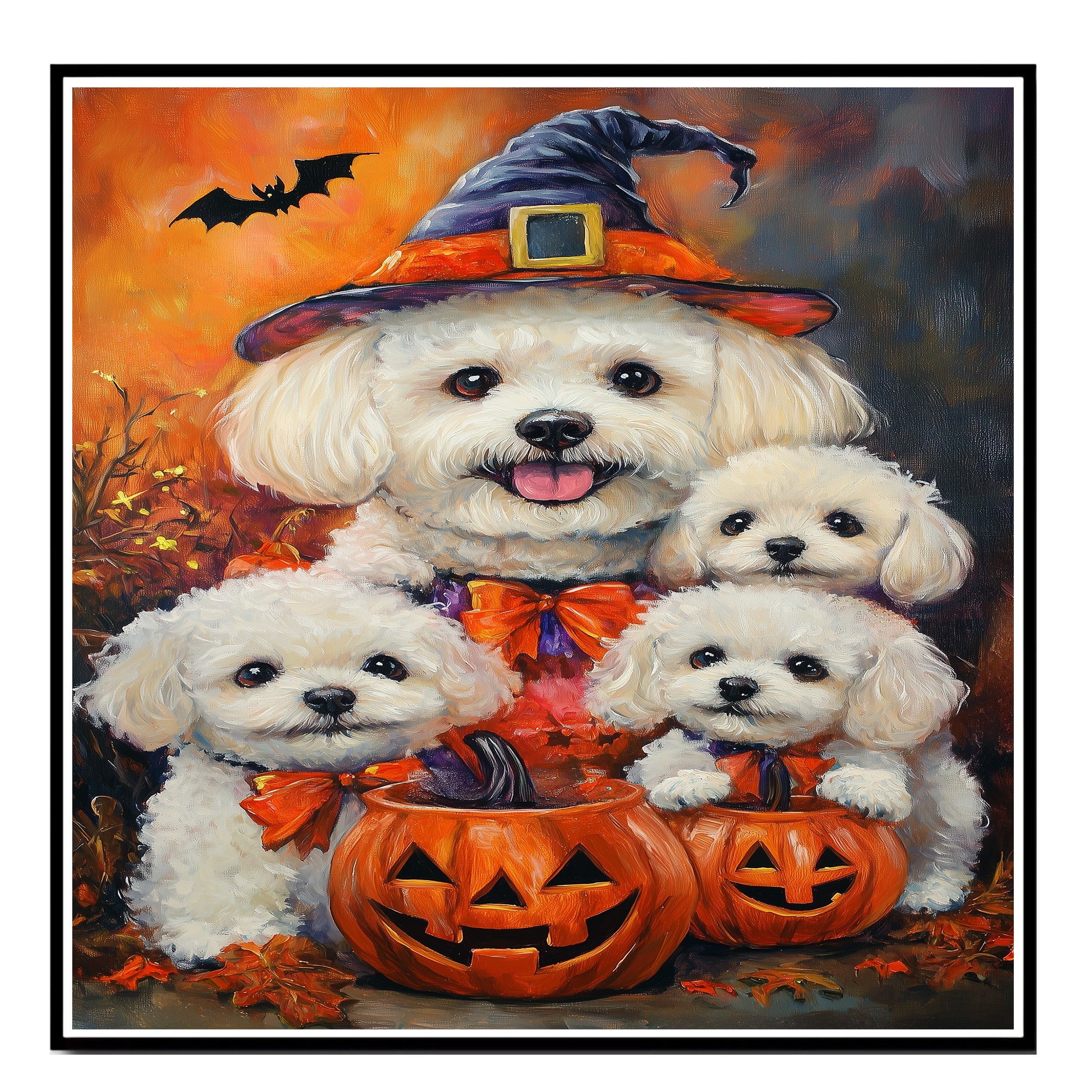 Bichon Frise Dog Halloween Witch Canvas Wall Art with Pumpkins Fall Farmhouse Decor for Pet Lovers on Ready to Hang 1.5" Thick Canvas Wrap, Floating Framed Canvas, Flat Rolled Canvas