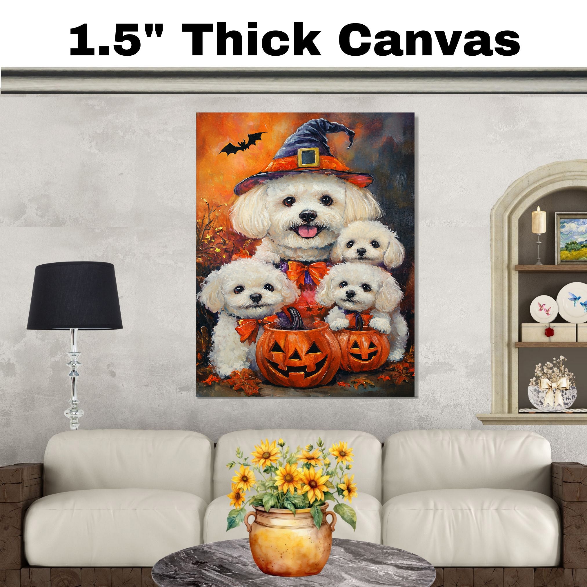 Bichon Frise Dog Halloween Witch Canvas Wall Art with Pumpkins Fall Farmhouse Decor for Pet Lovers on Ready to Hang 1.5" Thick Canvas Wrap, Floating Framed Canvas, Flat Rolled Canvas