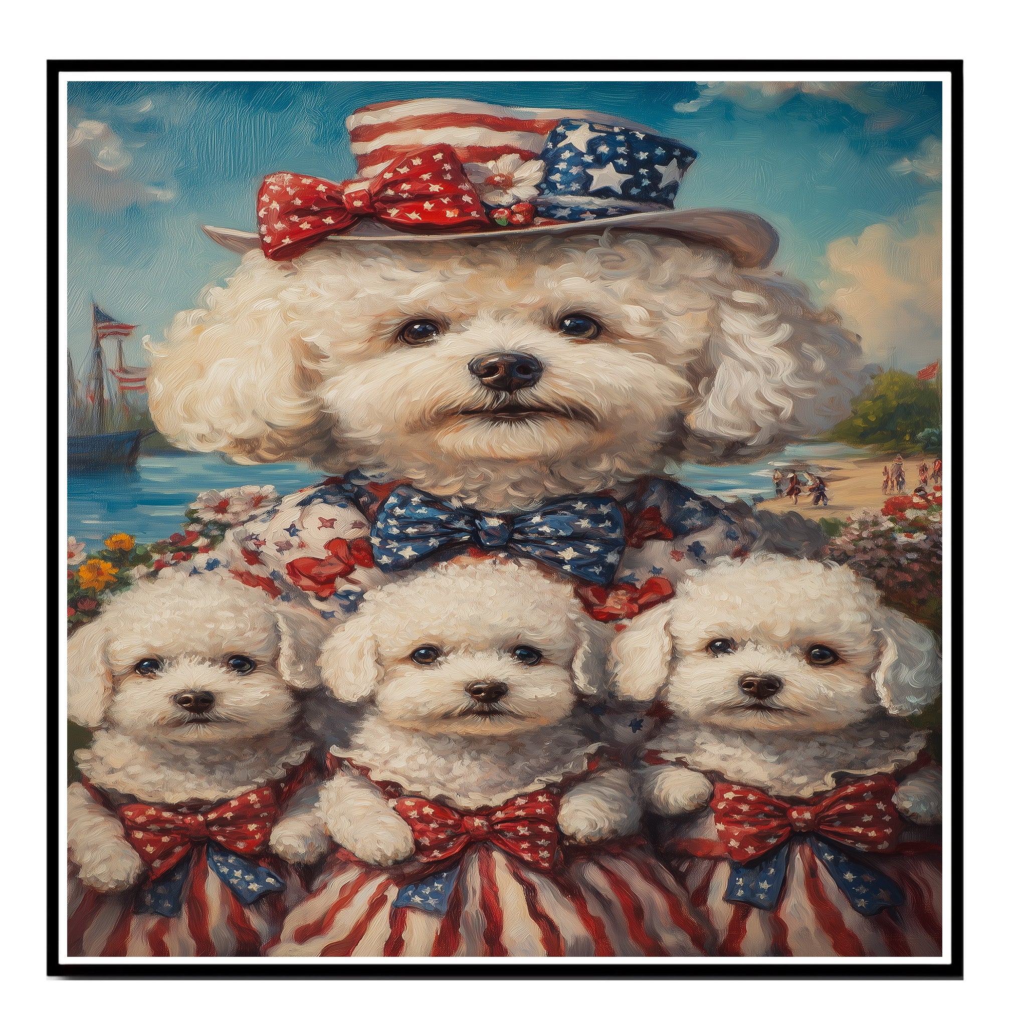 Bichon Frise Mother and Three Puppies in Patriotic Outfits with Hats and Bows by the Seaside with Flags and Flowers on Ready to Hang 1.5" Thick Canvas Wrap, Floating Framed Canvas, Flat Rolled Canvas