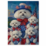 Bichon Frise Mother and Four Puppies in Patriotic Outfits with American Flags and Mountain Sunset Background on Ready to Hang 1.5" Thick Canvas Wrap, Floating Framed Canvas, Flat Rolled Canvas