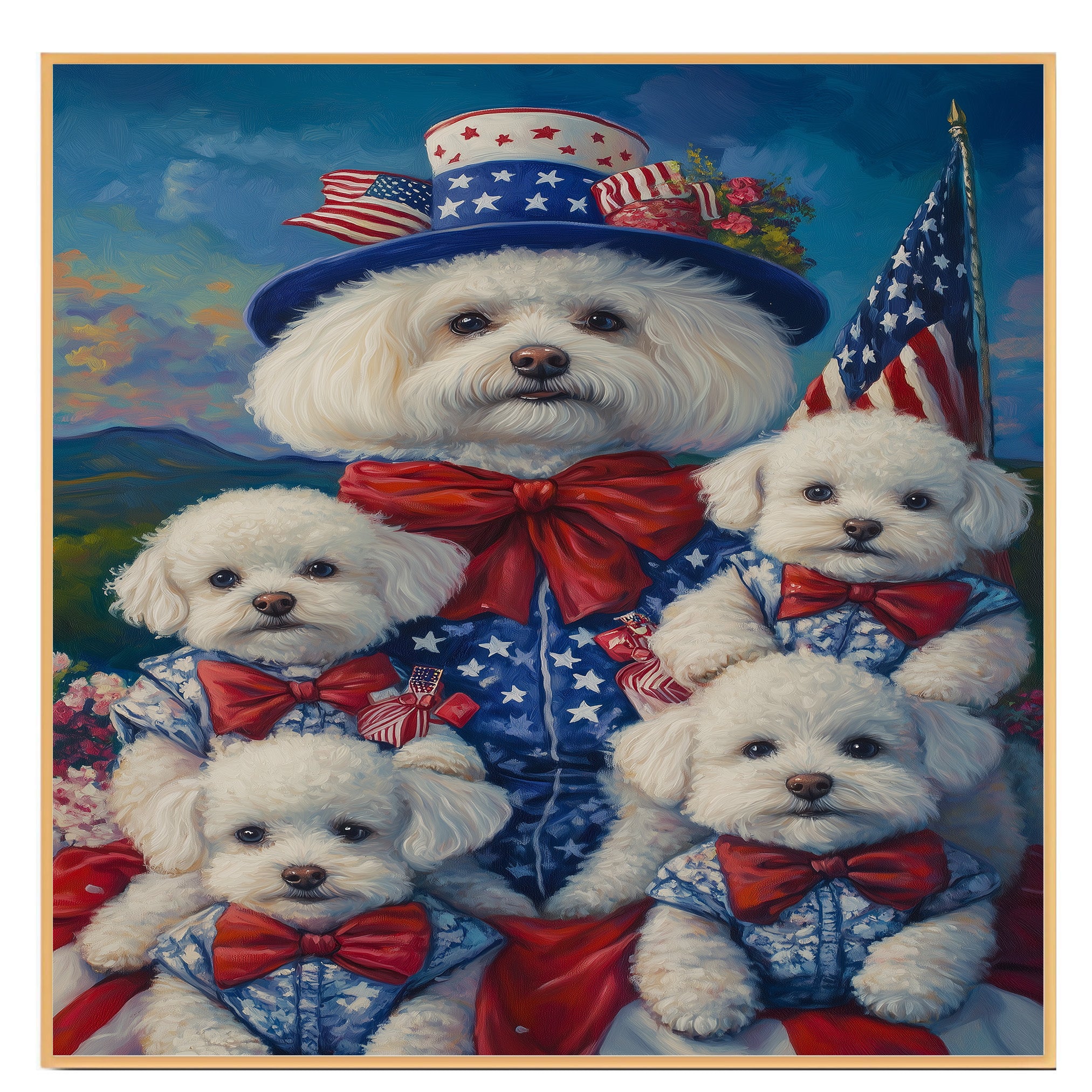 Bichon Frise Mother and Four Puppies in Patriotic Outfits with American Flags and Mountain Sunset Background on Ready to Hang 1.5" Thick Canvas Wrap, Floating Framed Canvas, Flat Rolled Canvas