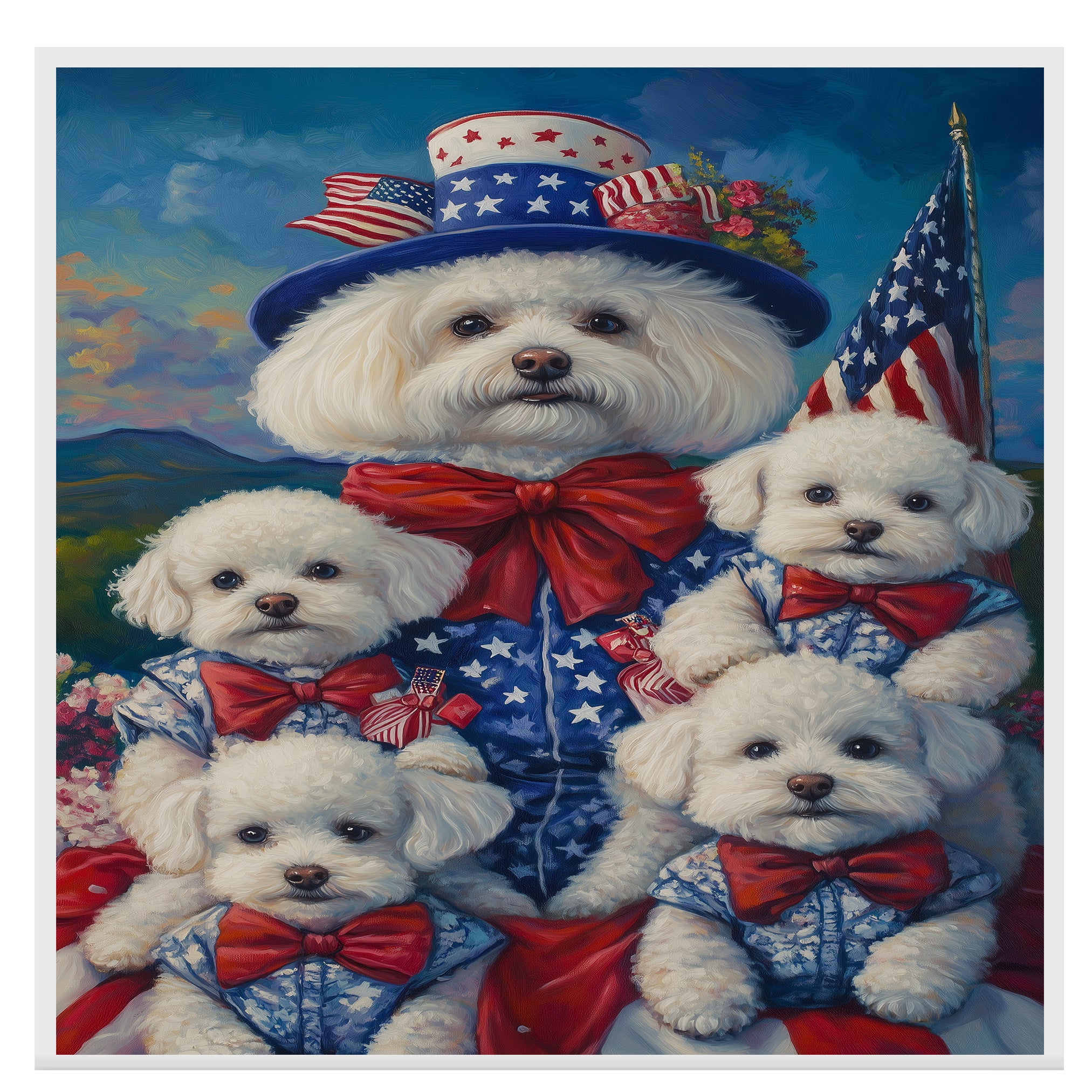Bichon Frise Mother and Four Puppies in Patriotic Outfits with American Flags and Mountain Sunset Background on Ready to Hang 1.5" Thick Canvas Wrap, Floating Framed Canvas, Flat Rolled Canvas