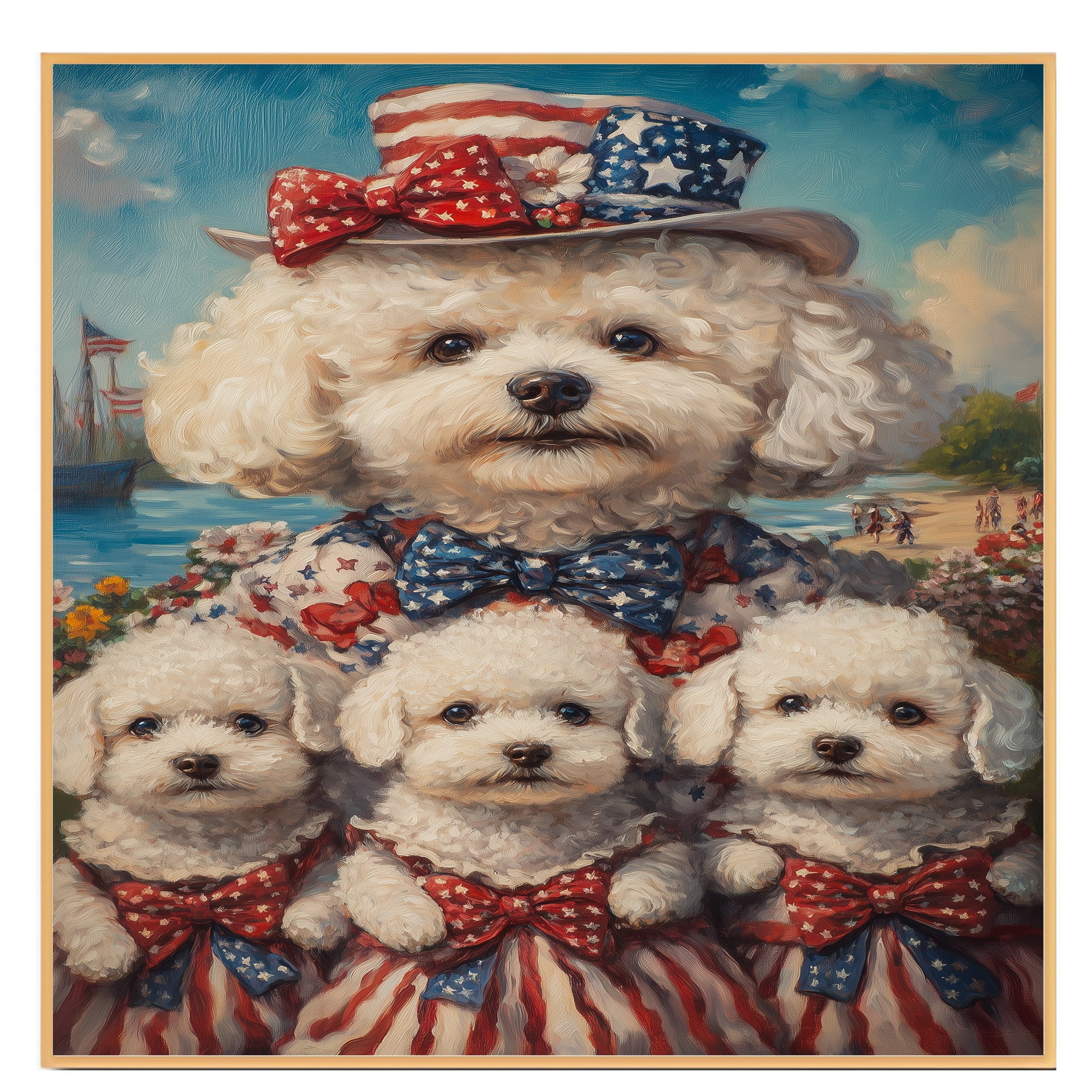 Bichon Frise Mother and Three Puppies in Patriotic Outfits with Hats and Bows by the Seaside with Flags and Flowers on Ready to Hang 1.5" Thick Canvas Wrap, Floating Framed Canvas, Flat Rolled Canvas
