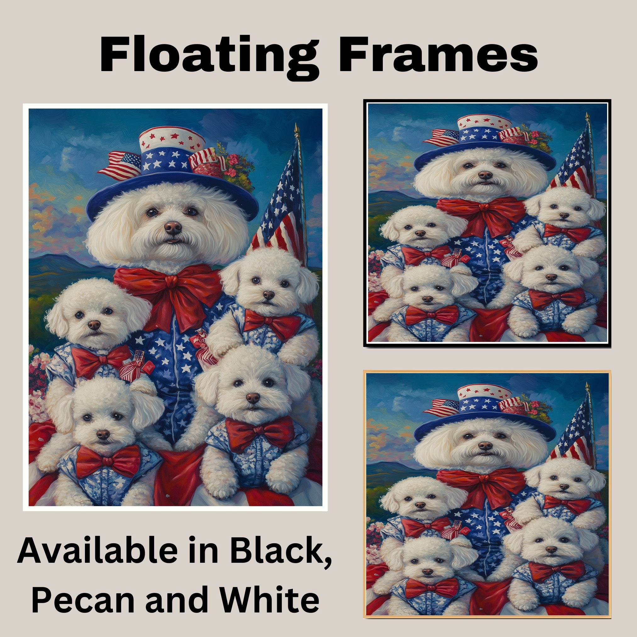 Bichon Frise Mother and Four Puppies in Patriotic Outfits with American Flags and Mountain Sunset Background on Ready to Hang 1.5" Thick Canvas Wrap, Floating Framed Canvas, Flat Rolled Canvas
