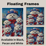 Bichon Frise Mother and Four Puppies in Patriotic Outfits with American Flags and Mountain Sunset Background on Ready to Hang 1.5" Thick Canvas Wrap, Floating Framed Canvas, Flat Rolled Canvas