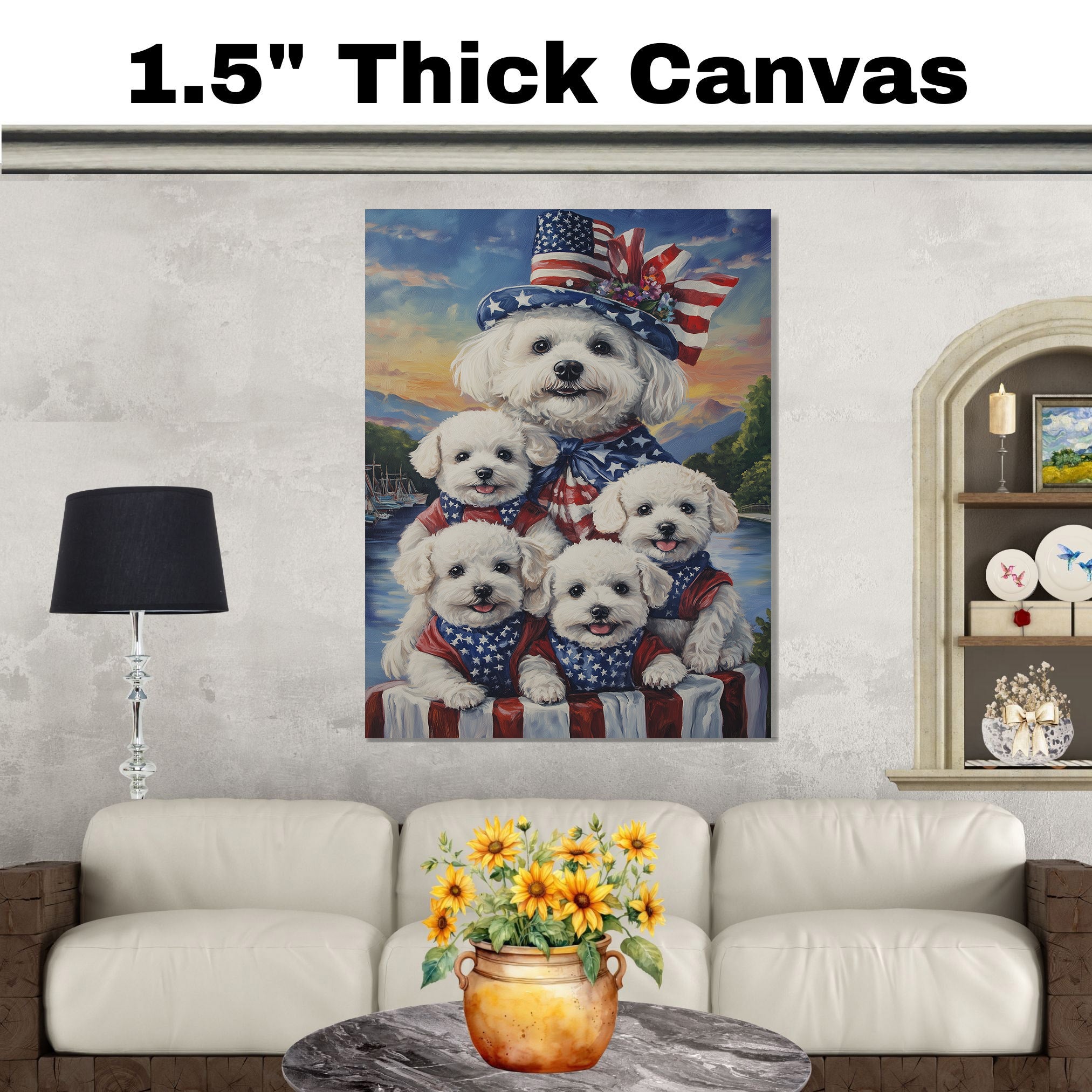 Bichon Frise Mother and Four Puppies Dressed in Patriotic Outfits with Flag Hat and Sunset Lake Background on Ready to Hang 1.5" Thick Canvas Wrap, Floating Framed Canvas, Flat Rolled Canvas