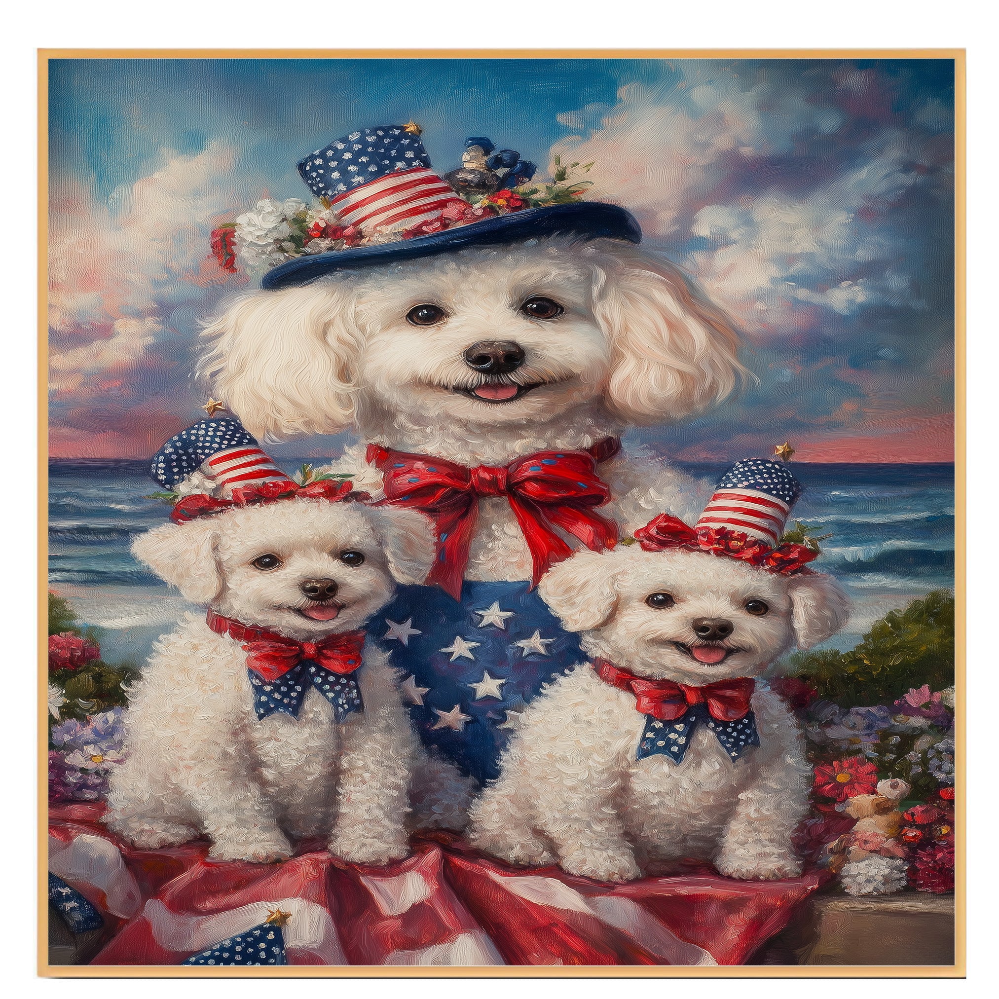 Bichon Frise Mother and Two Puppies in Patriotic Hats and Bows by the Ocean with Sunset Sky and Floral Surroundings on Ready to Hang 1.5" Thick Canvas Wrap, Floating Framed Canvas, Flat Rolled Canvas