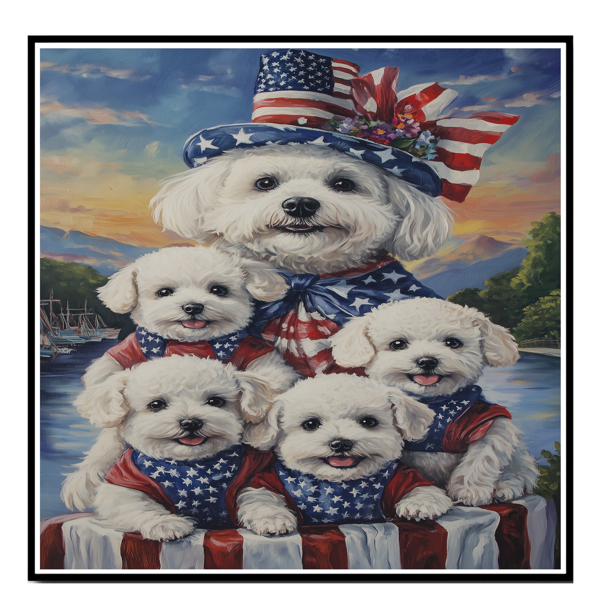 Bichon Frise Mother and Four Puppies Dressed in Patriotic Outfits with Flag Hat and Sunset Lake Background on Ready to Hang 1.5" Thick Canvas Wrap, Floating Framed Canvas, Flat Rolled Canvas