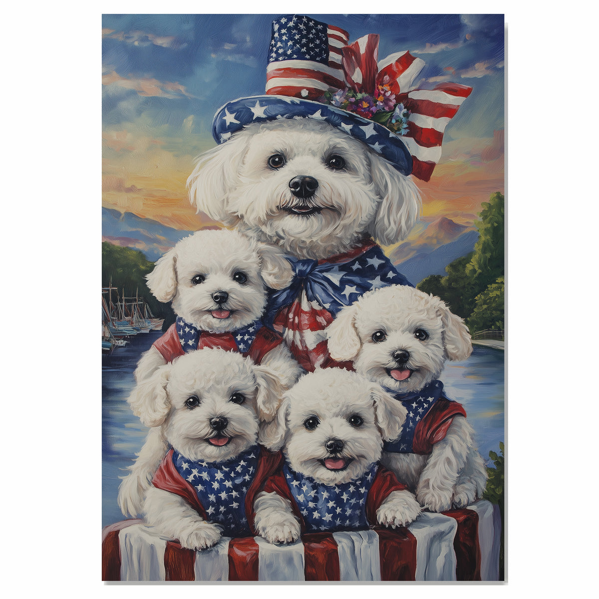 Bichon Frise Mother and Four Puppies Dressed in Patriotic Outfits with Flag Hat and Sunset Lake Background on Ready to Hang 1.5" Thick Canvas Wrap, Floating Framed Canvas, Flat Rolled Canvas