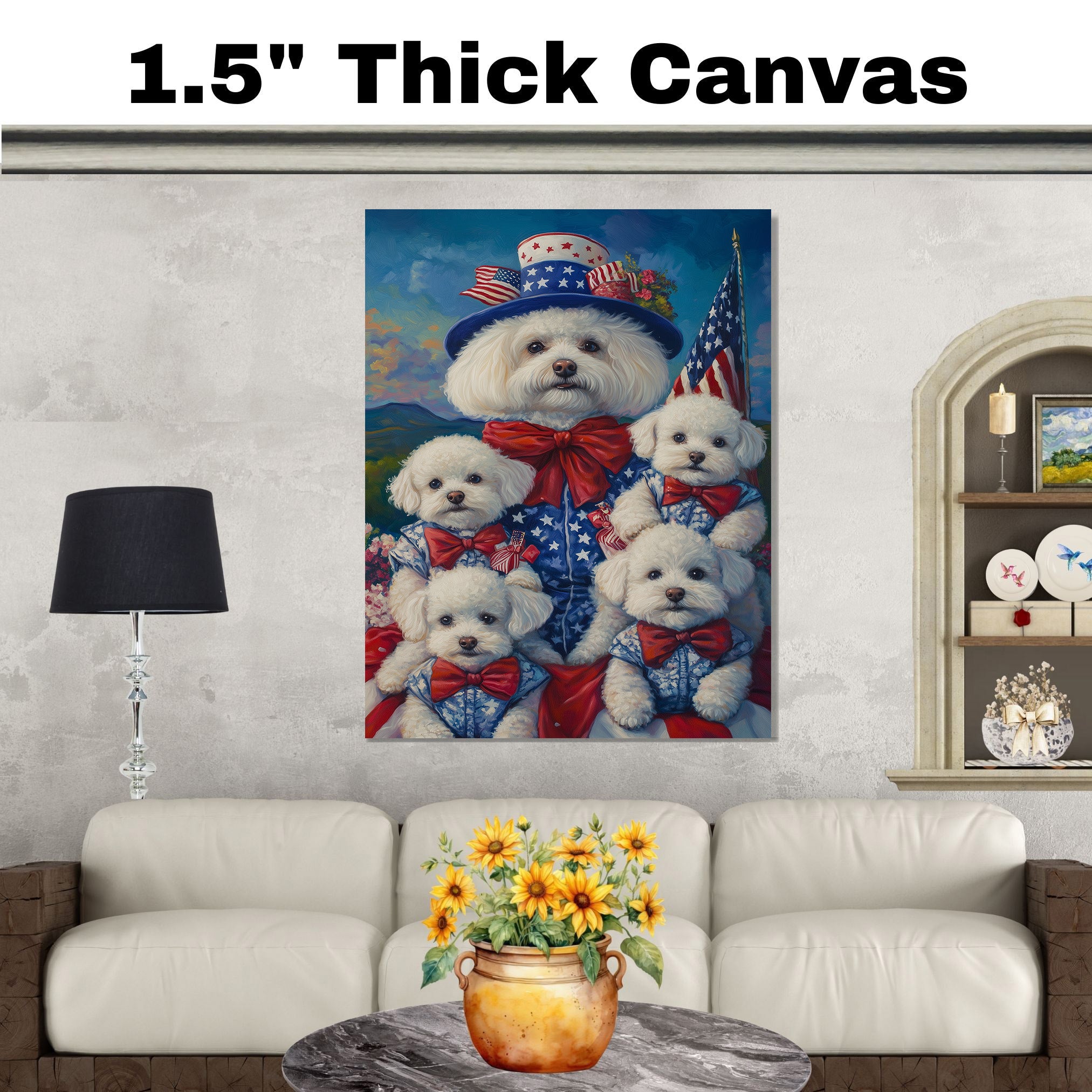 Bichon Frise Mother and Four Puppies in Patriotic Outfits with American Flags and Mountain Sunset Background on Ready to Hang 1.5" Thick Canvas Wrap, Floating Framed Canvas, Flat Rolled Canvas