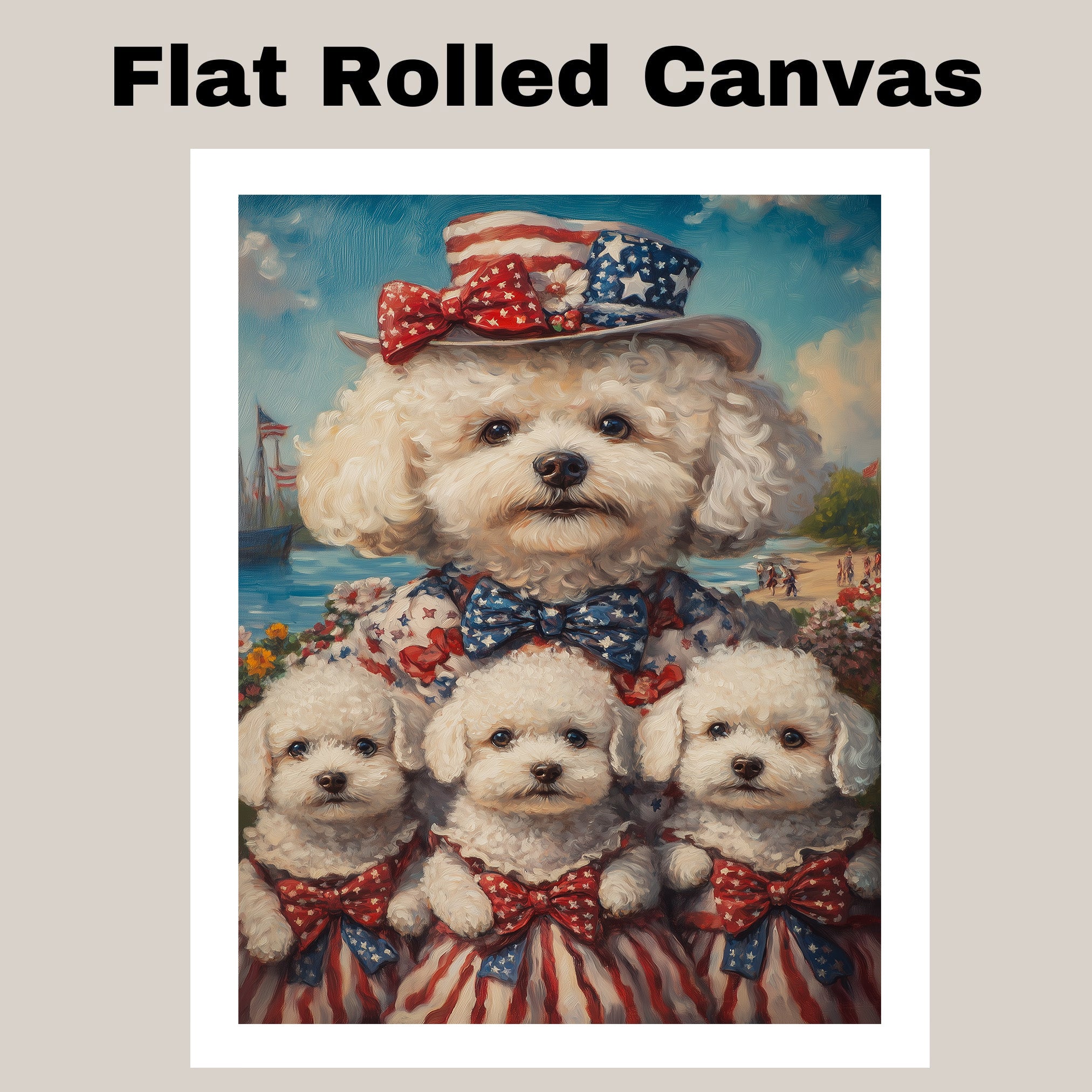 Bichon Frise Mother and Three Puppies in Patriotic Outfits with Hats and Bows by the Seaside with Flags and Flowers on Ready to Hang 1.5" Thick Canvas Wrap, Floating Framed Canvas, Flat Rolled Canvas