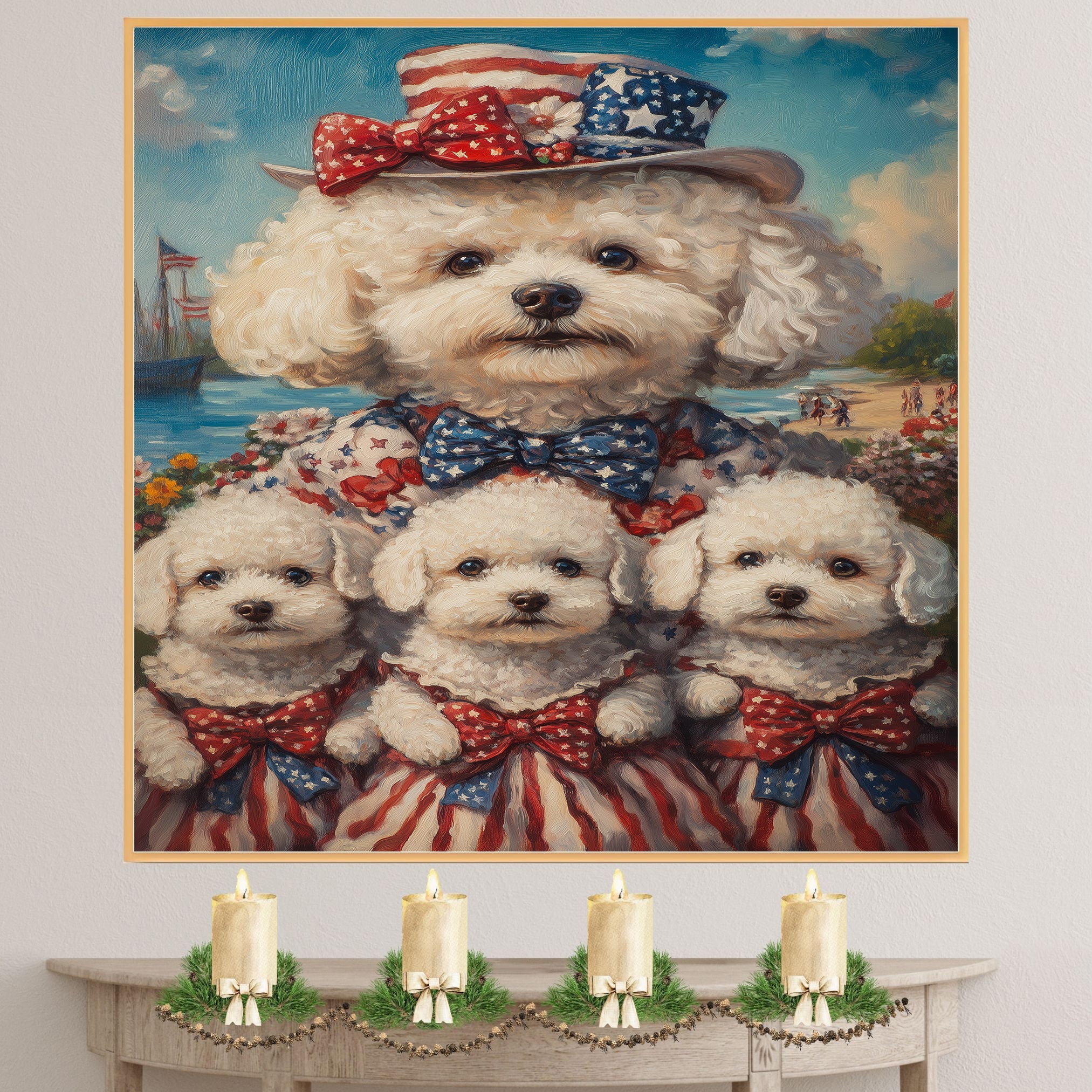 Bichon Frise Mother and Three Puppies in Patriotic Outfits with Hats and Bows by the Seaside with Flags and Flowers on Ready to Hang 1.5" Thick Canvas Wrap, Floating Framed Canvas, Flat Rolled Canvas