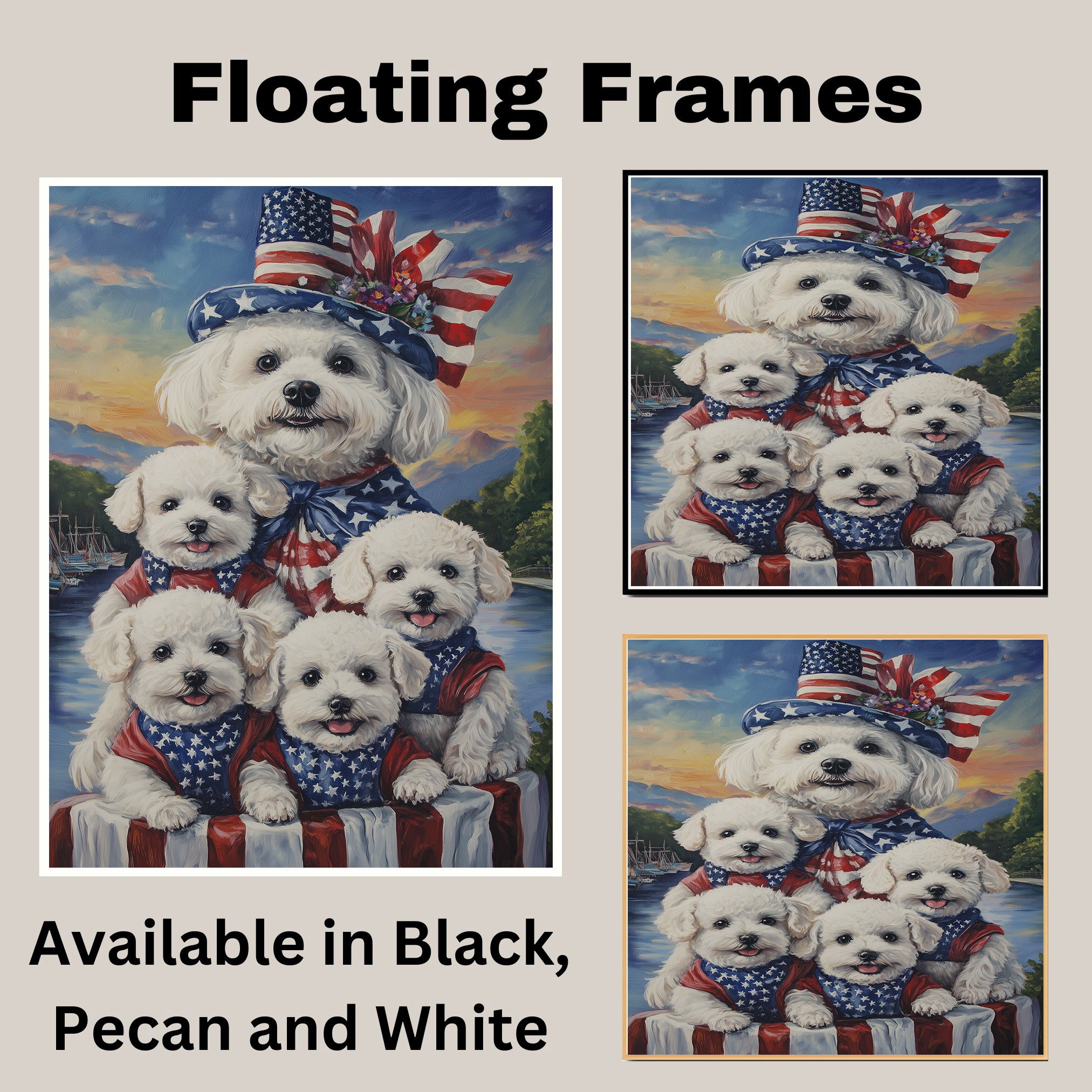 Bichon Frise Mother and Four Puppies Dressed in Patriotic Outfits with Flag Hat and Sunset Lake Background on Ready to Hang 1.5" Thick Canvas Wrap, Floating Framed Canvas, Flat Rolled Canvas