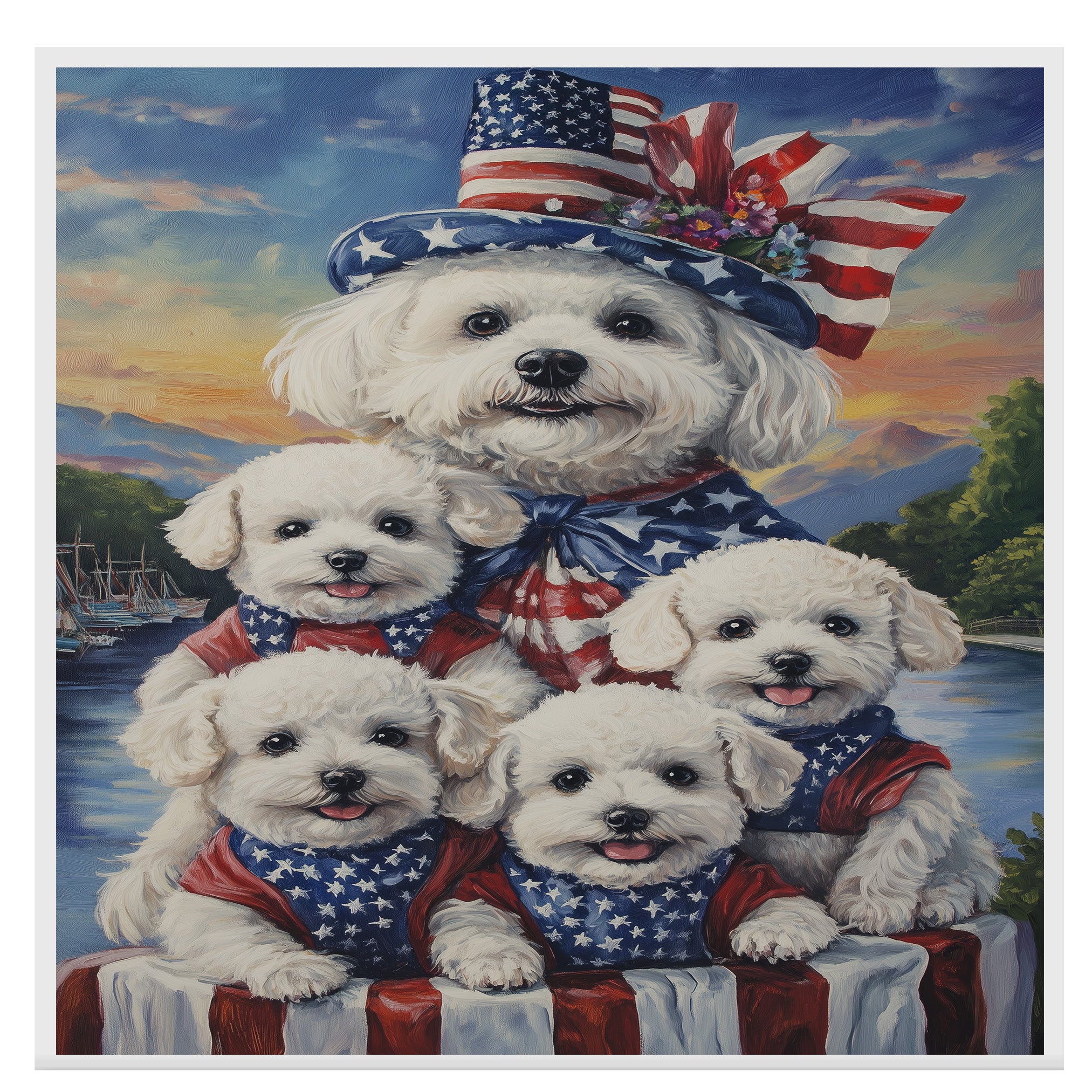 Bichon Frise Mother and Four Puppies Dressed in Patriotic Outfits with Flag Hat and Sunset Lake Background on Ready to Hang 1.5" Thick Canvas Wrap, Floating Framed Canvas, Flat Rolled Canvas