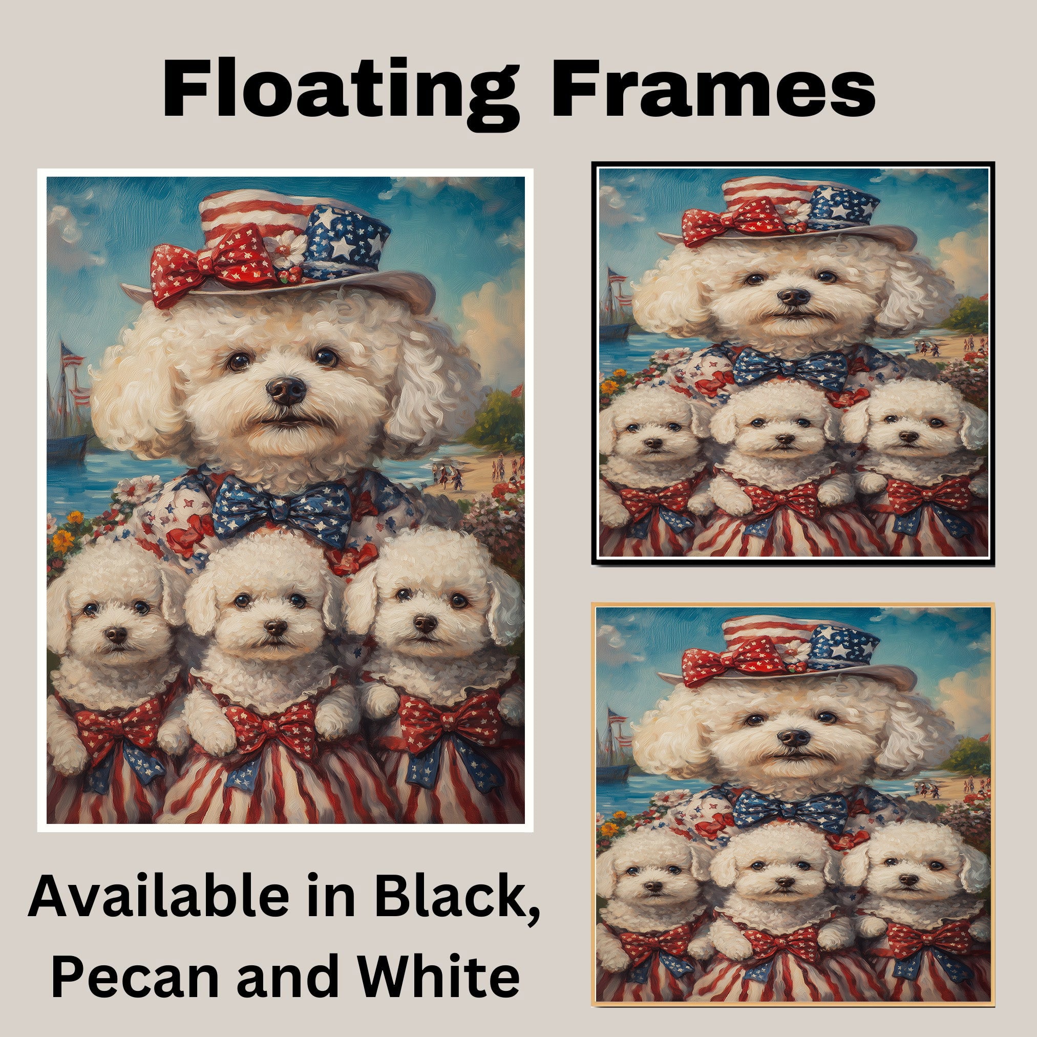 Bichon Frise Mother and Three Puppies in Patriotic Outfits with Hats and Bows by the Seaside with Flags and Flowers on Ready to Hang 1.5" Thick Canvas Wrap, Floating Framed Canvas, Flat Rolled Canvas