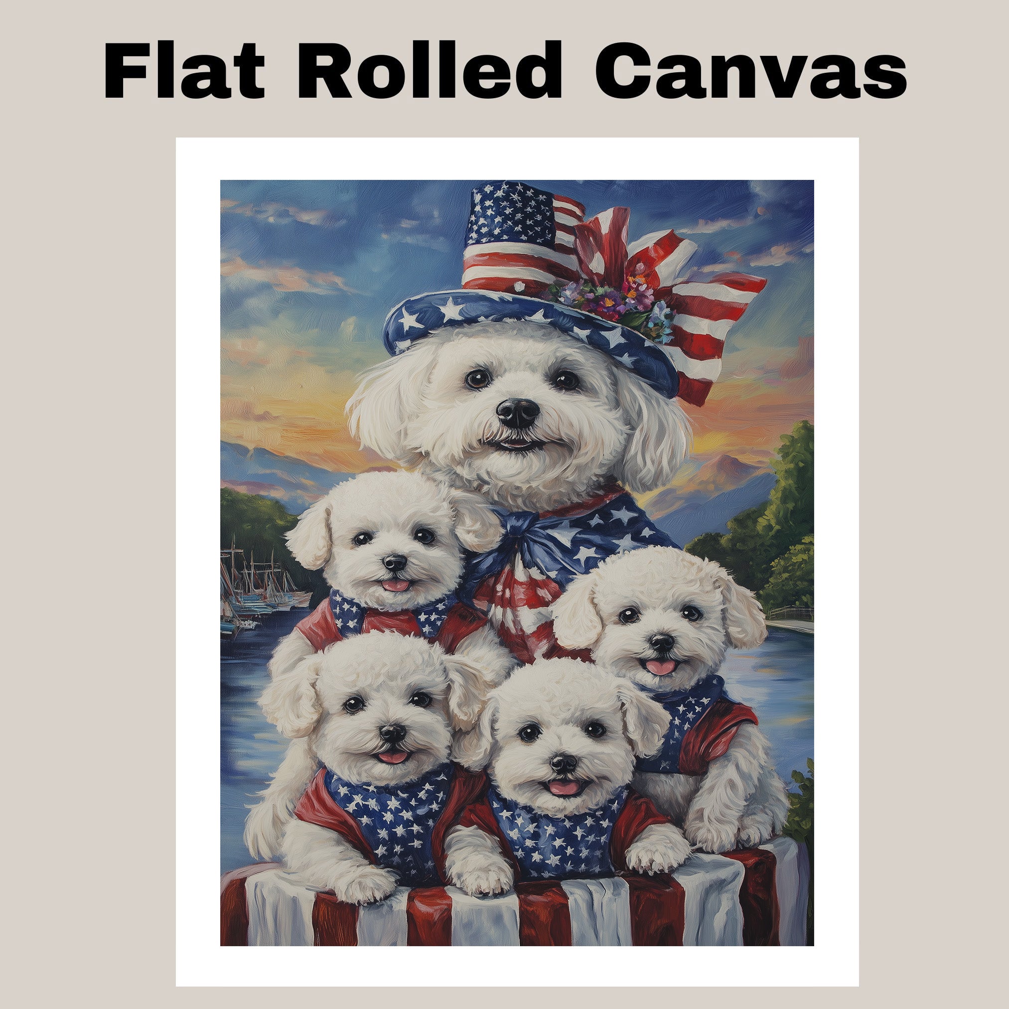 Bichon Frise Mother and Four Puppies Dressed in Patriotic Outfits with Flag Hat and Sunset Lake Background on Ready to Hang 1.5" Thick Canvas Wrap, Floating Framed Canvas, Flat Rolled Canvas
