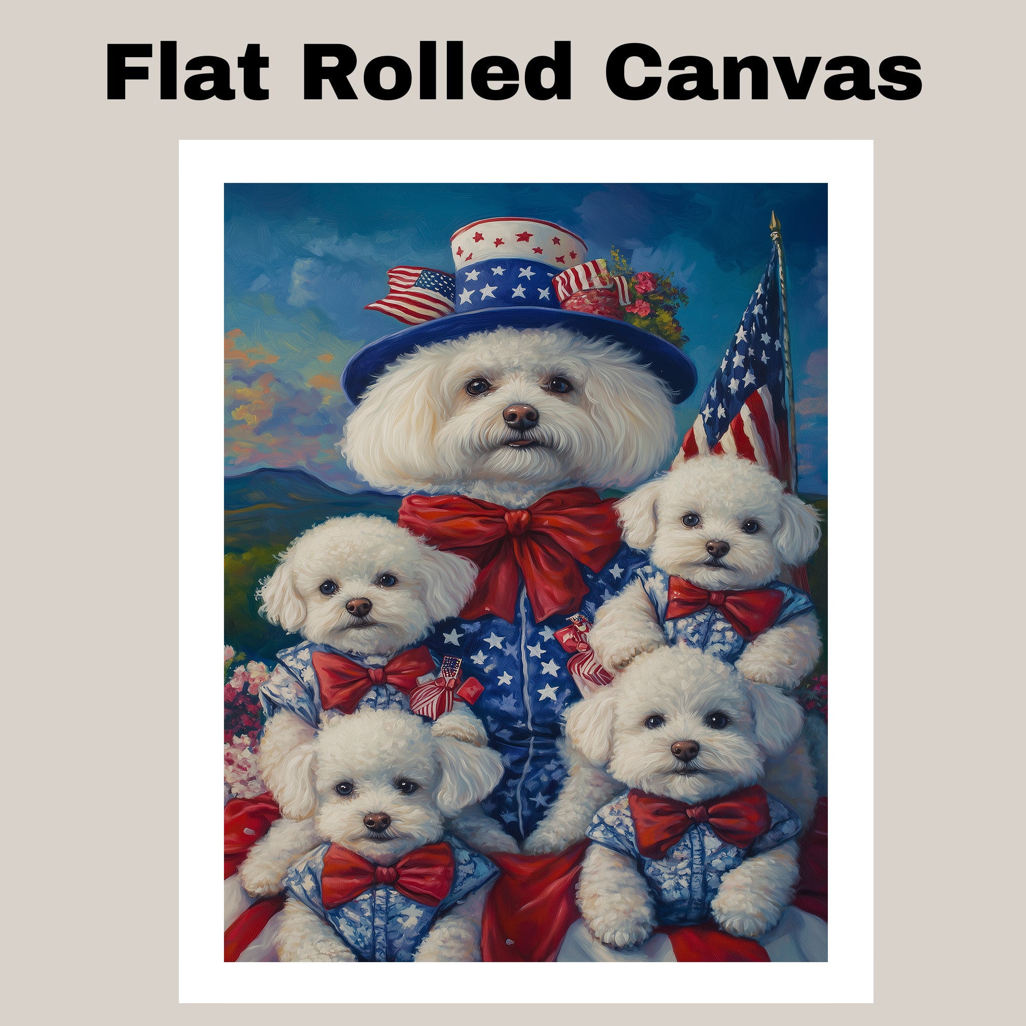 Bichon Frise Mother and Four Puppies in Patriotic Outfits with American Flags and Mountain Sunset Background on Ready to Hang 1.5" Thick Canvas Wrap, Floating Framed Canvas, Flat Rolled Canvas