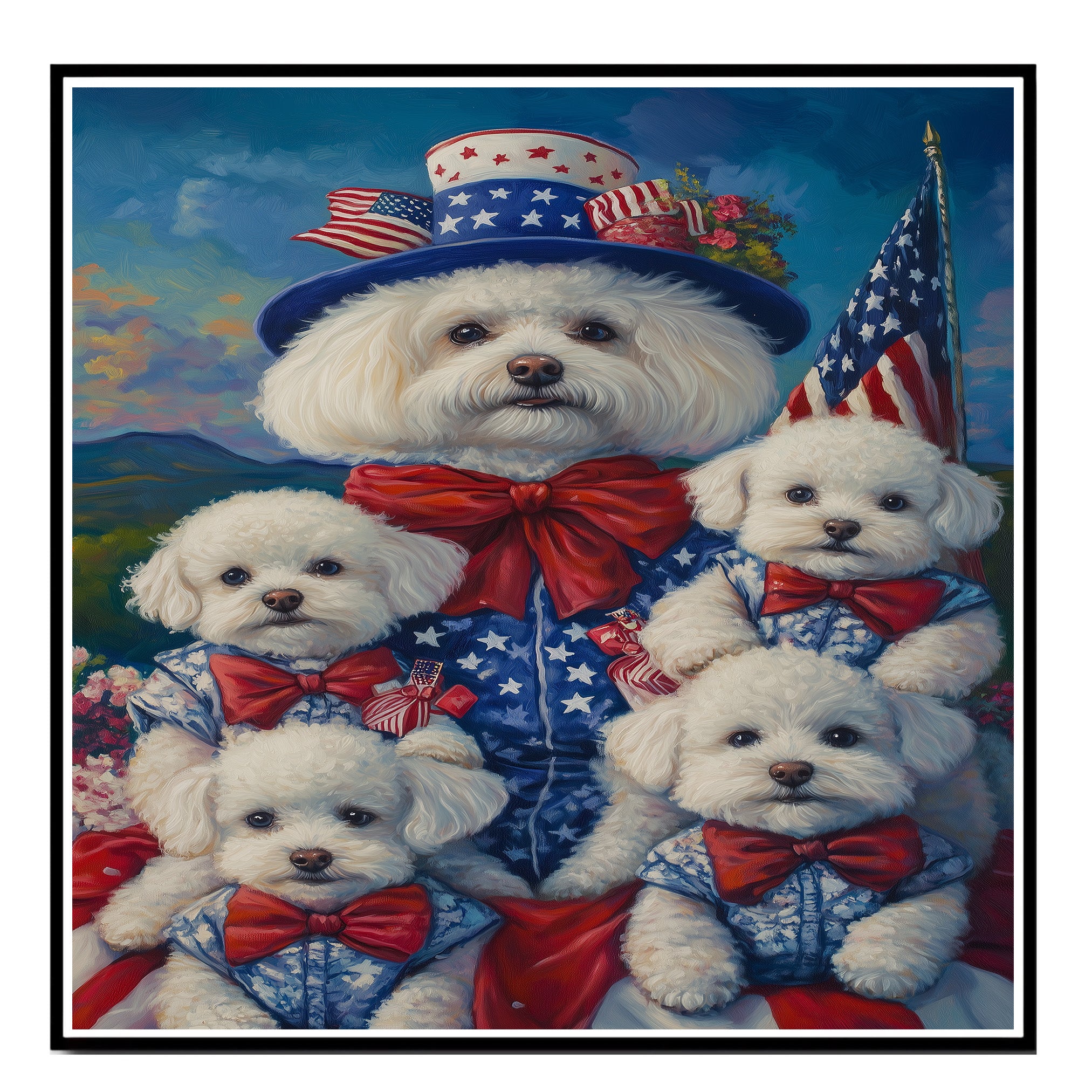 Bichon Frise Mother and Four Puppies in Patriotic Outfits with American Flags and Mountain Sunset Background on Ready to Hang 1.5" Thick Canvas Wrap, Floating Framed Canvas, Flat Rolled Canvas