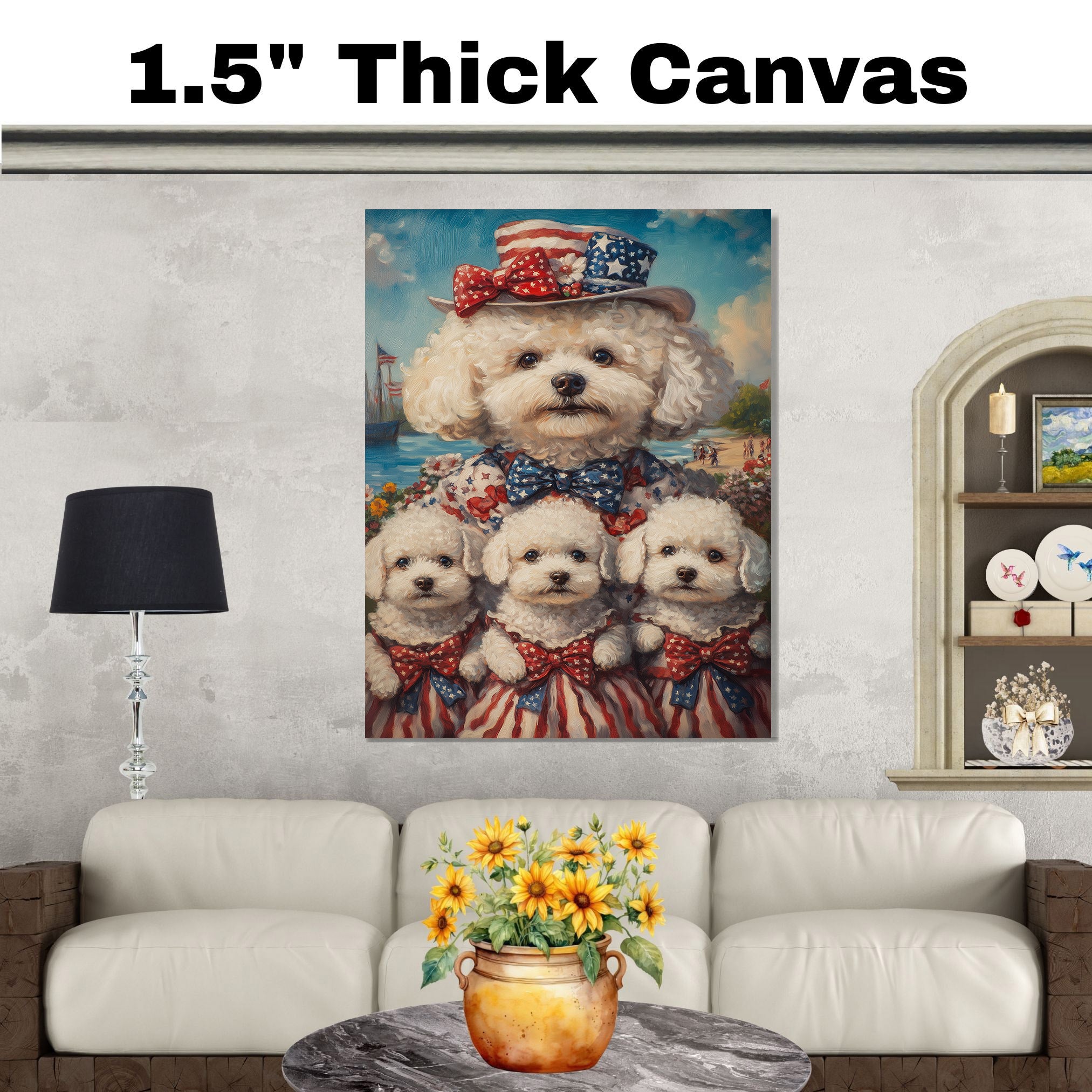 Bichon Frise Mother and Three Puppies in Patriotic Outfits with Hats and Bows by the Seaside with Flags and Flowers on Ready to Hang 1.5" Thick Canvas Wrap, Floating Framed Canvas, Flat Rolled Canvas