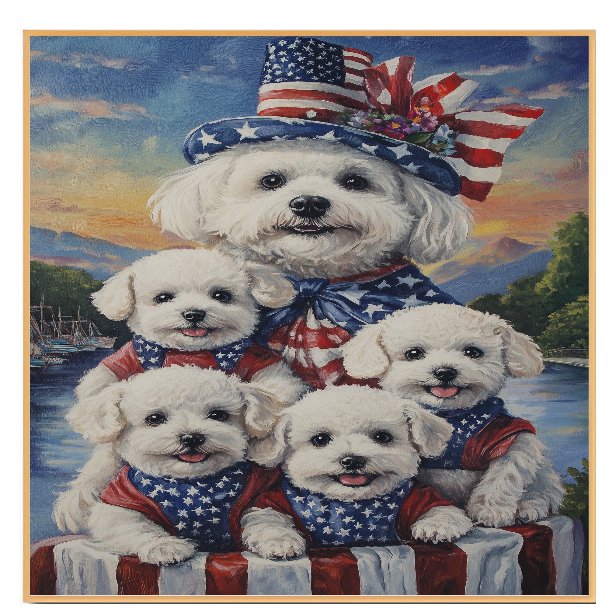 Bichon Frise Mother and Four Puppies Dressed in Patriotic Outfits with Flag Hat and Sunset Lake Background on Ready to Hang 1.5" Thick Canvas Wrap, Floating Framed Canvas, Flat Rolled Canvas