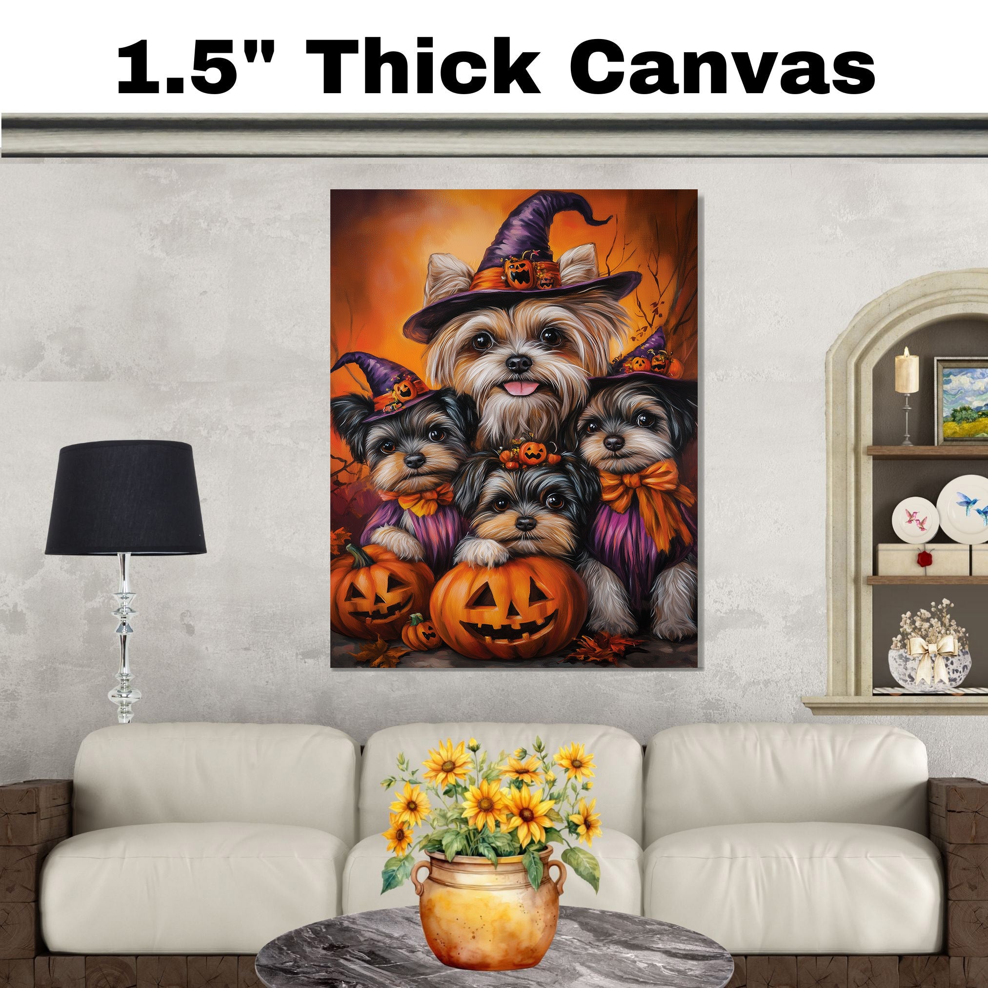 Biewer Terrier Dog Family Halloween Canvas Wall Art with Pumpkins Fall Farmhouse Decor for Pet Lovers on Ready to Hang 1.5" Thick Canvas Wrap, Floating Framed Canvas, Flat Rolled Canvas