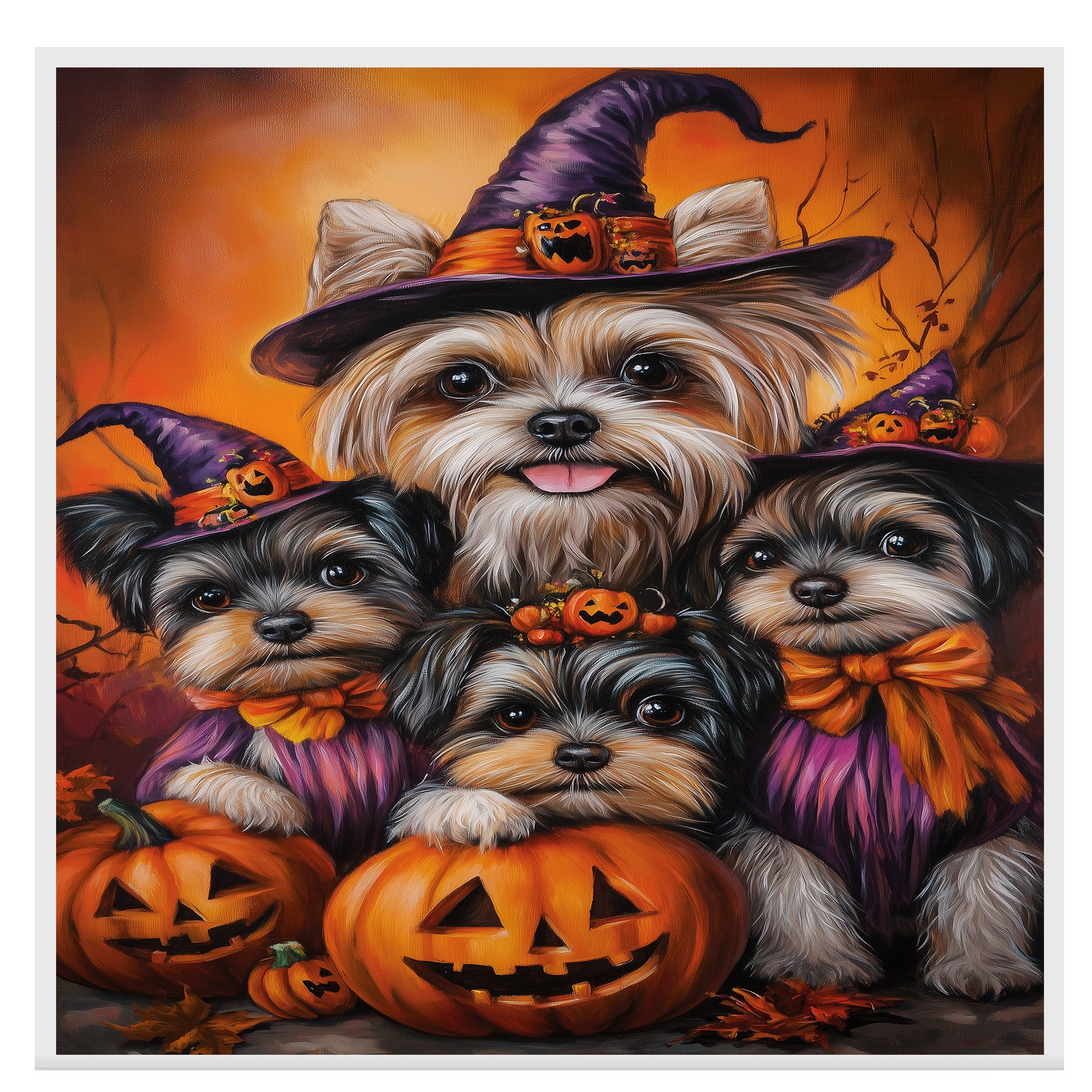 Biewer Terrier Dog Family Halloween Canvas Wall Art with Pumpkins Fall Farmhouse Decor for Pet Lovers on Ready to Hang 1.5" Thick Canvas Wrap, Floating Framed Canvas, Flat Rolled Canvas