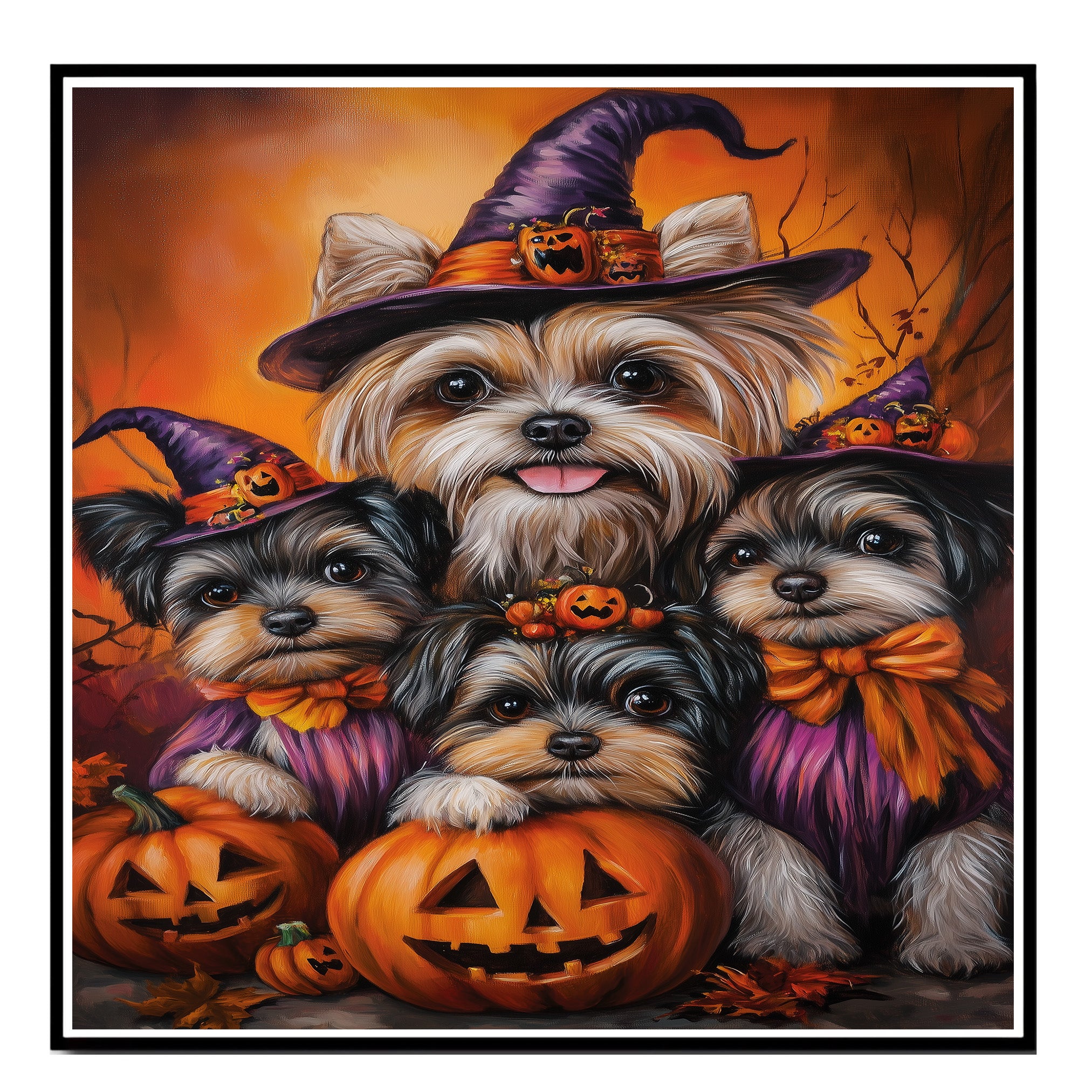 Biewer Terrier Dog Family Halloween Canvas Wall Art with Pumpkins Fall Farmhouse Decor for Pet Lovers on Ready to Hang 1.5" Thick Canvas Wrap, Floating Framed Canvas, Flat Rolled Canvas