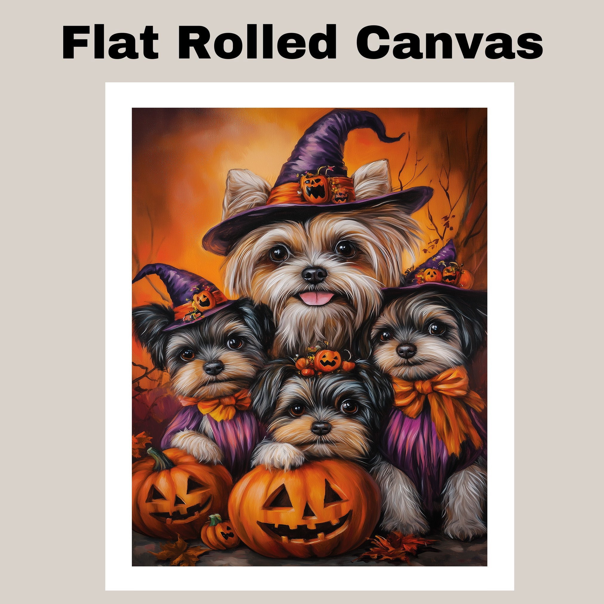Biewer Terrier Dog Family Halloween Canvas Wall Art with Pumpkins Fall Farmhouse Decor for Pet Lovers on Ready to Hang 1.5" Thick Canvas Wrap, Floating Framed Canvas, Flat Rolled Canvas