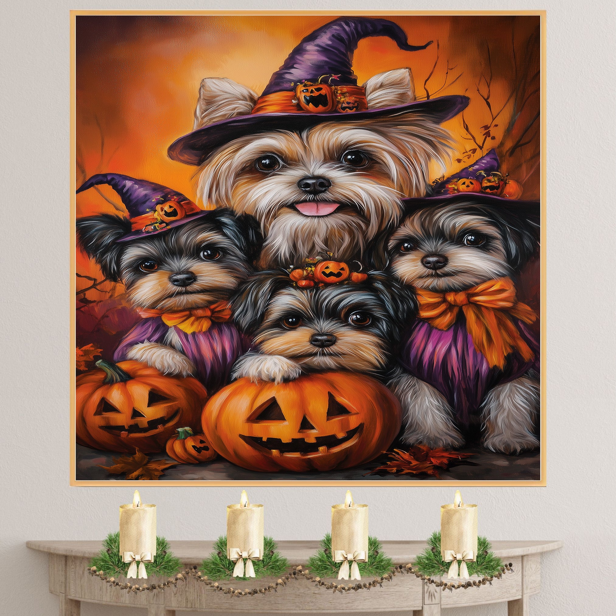 Biewer Terrier Dog Family Halloween Canvas Wall Art with Pumpkins Fall Farmhouse Decor for Pet Lovers on Ready to Hang 1.5" Thick Canvas Wrap, Floating Framed Canvas, Flat Rolled Canvas