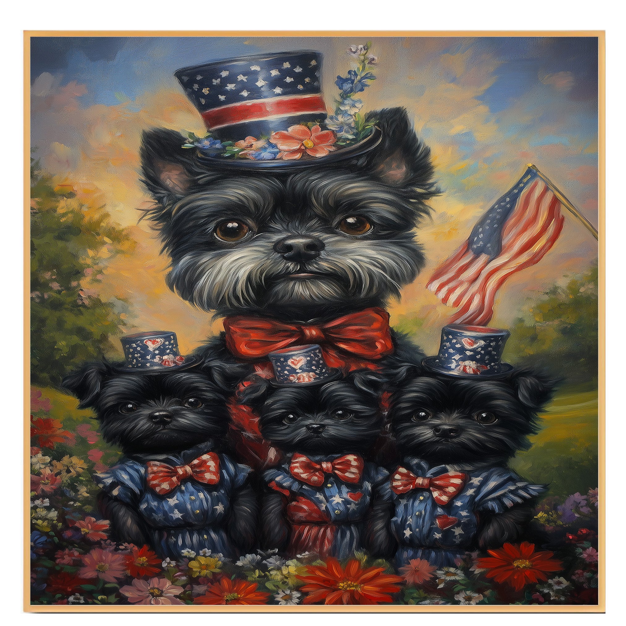 Black Affenpinscher Mother and Puppies Dressed in Patriotic Red White and Blue with Hats and American Flag in Flower Field on Ready to Hang 1.5" Thick Canvas Wrap, Floating Framed Canvas, Flat Rolled Canvas