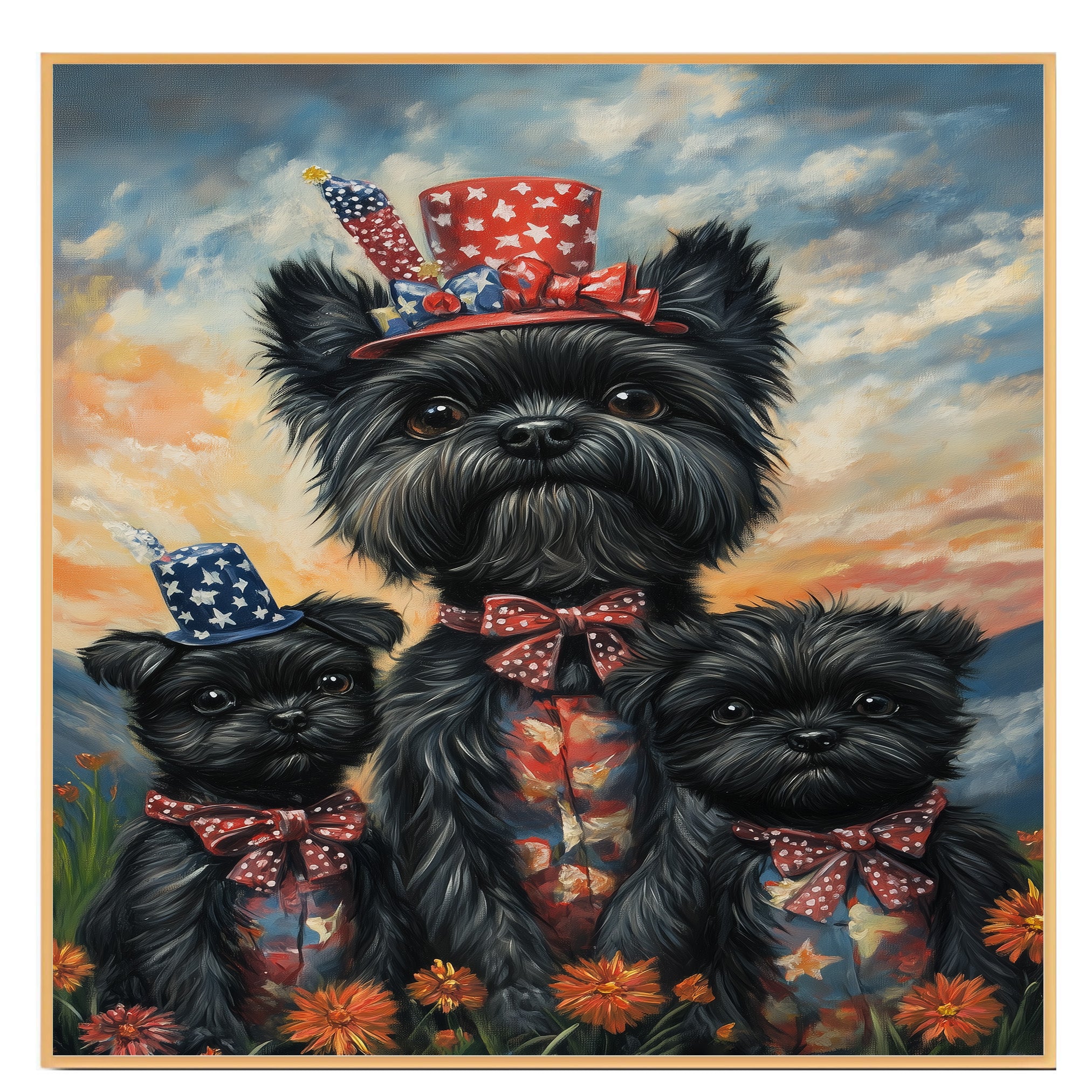 Black Affenpinscher Mother and Two Puppies in Patriotic Outfits with Firework Hats and Sunset Sky Background on Ready to Hang 1.5" Thick Canvas Wrap, Floating Framed Canvas, Flat Rolled Canvas